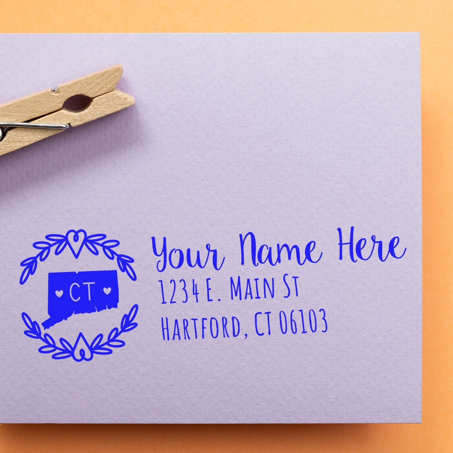 Custom return address rubber stamp with Connecticut state design for personalized stationery and mail.