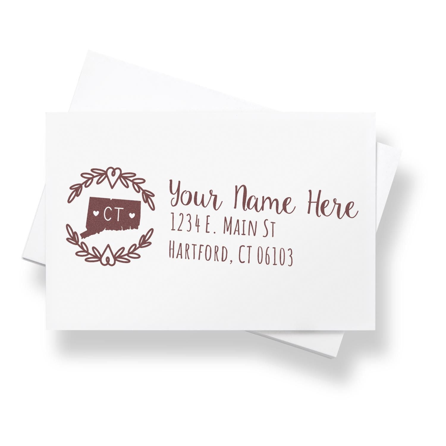 Custom return address rubber stamp with Connecticut wreath design for personalized envelopes and stationery.