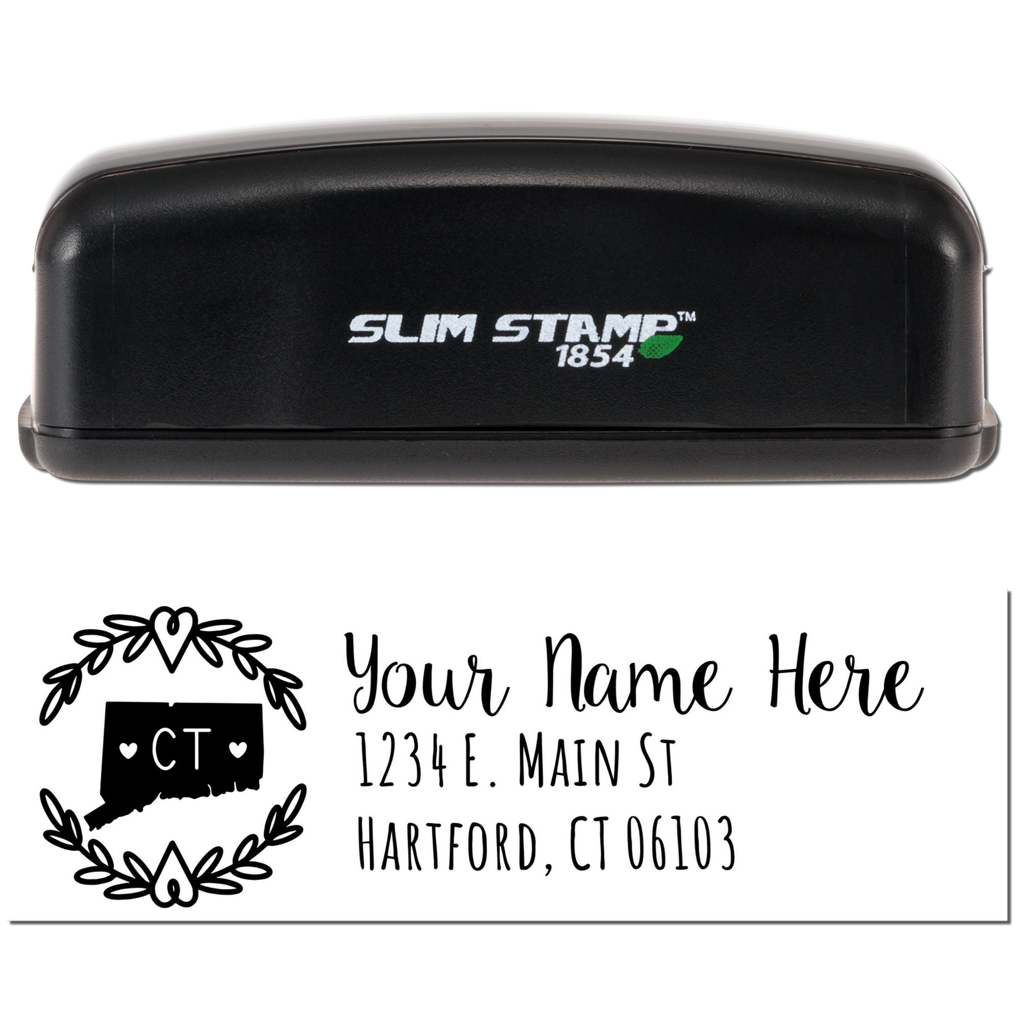 Personalized Connecticut return address rubber stamp preview with Slim Stamp 1854 and custom name, street, city, ZIP impression.