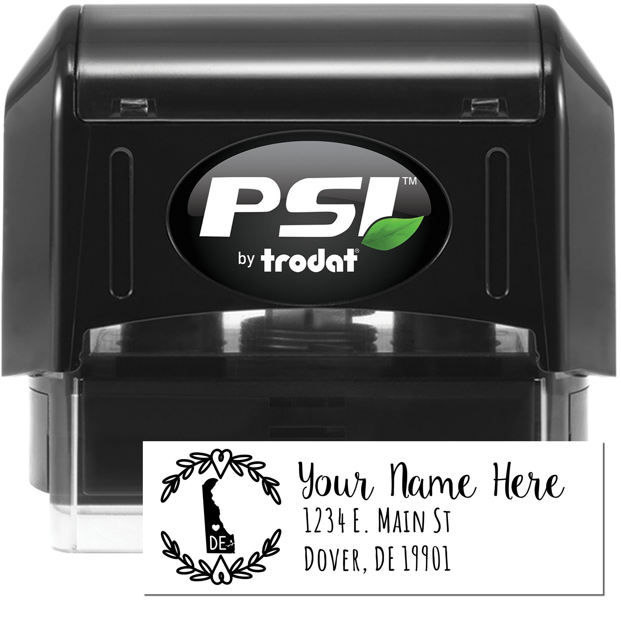 Custom self-inking address rubber stamp by PSI Trodat with personalized name, Delaware monogram, and return mailing address.