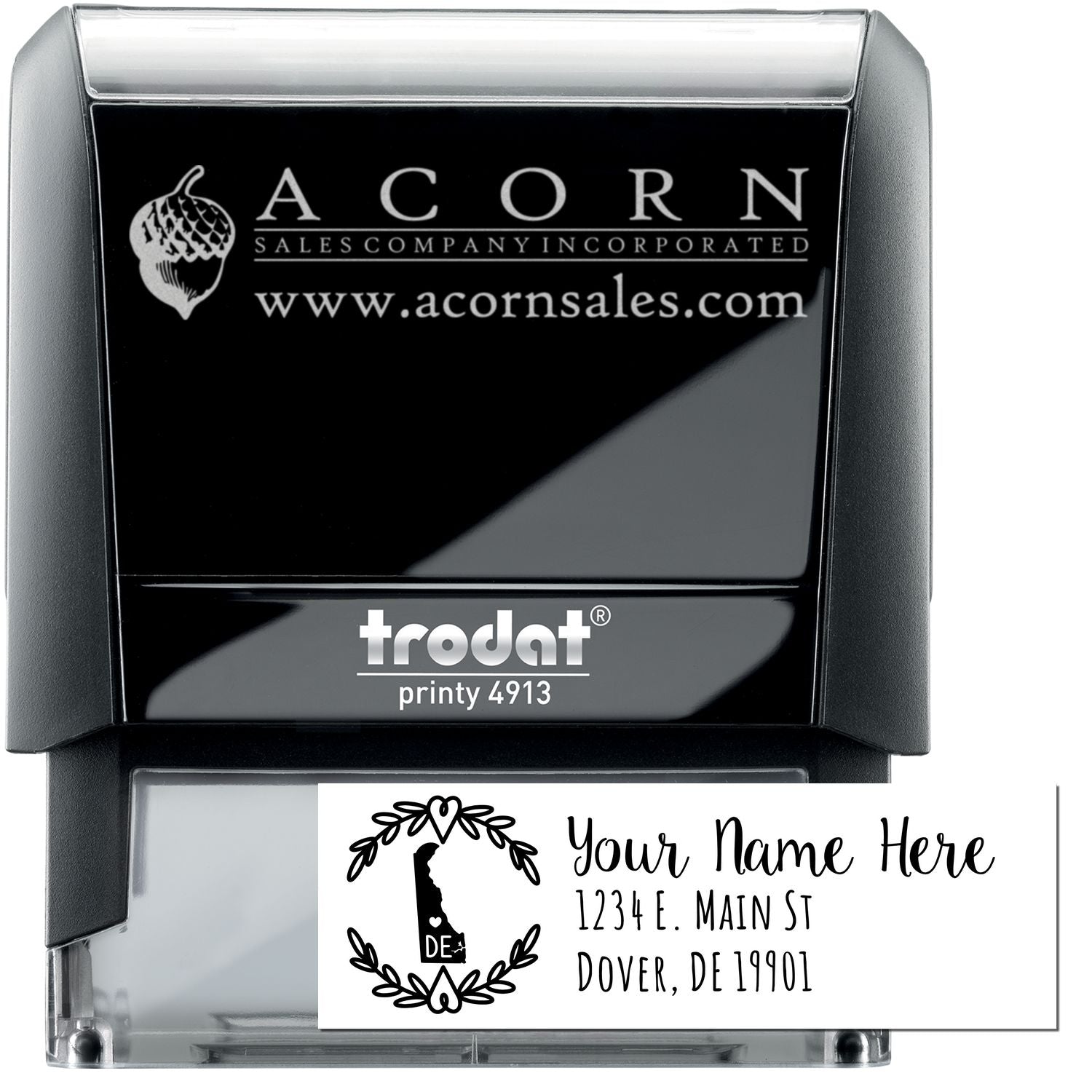 Custom self-inking rubber stamp with business logo and website, Trodat Printy 4913 address stamp for Acorn Sales Company.