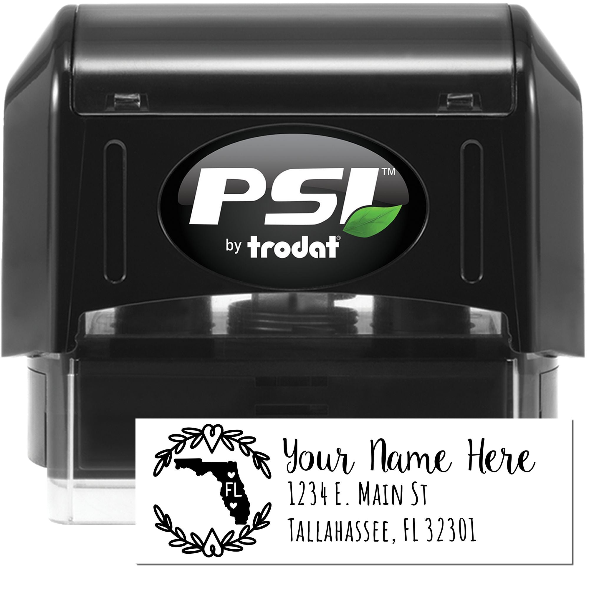 PSI by Trodat self-inking rubber stamp with custom Florida return address design for personalized mailing.