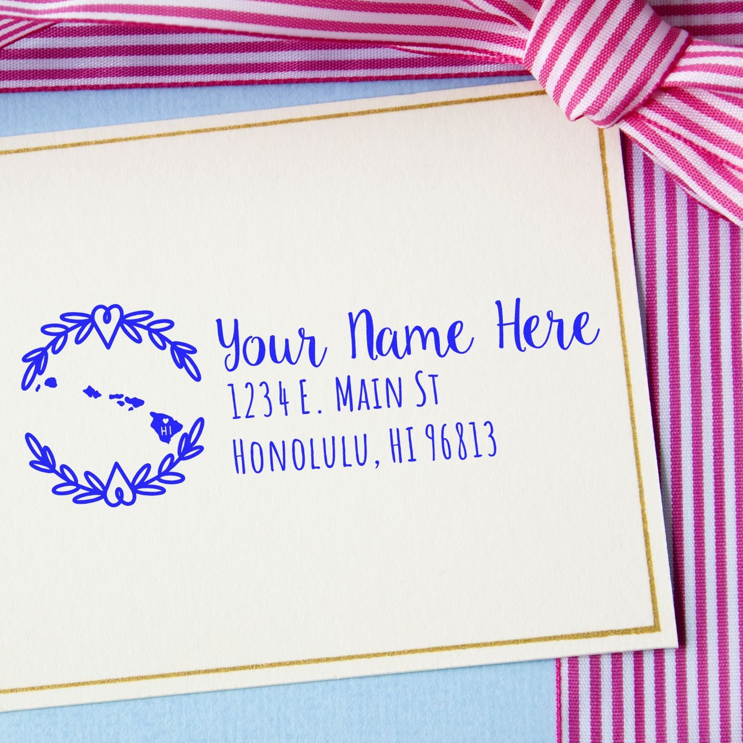 Custom return address rubber stamp with floral wreath design for personalized envelopes and stationery