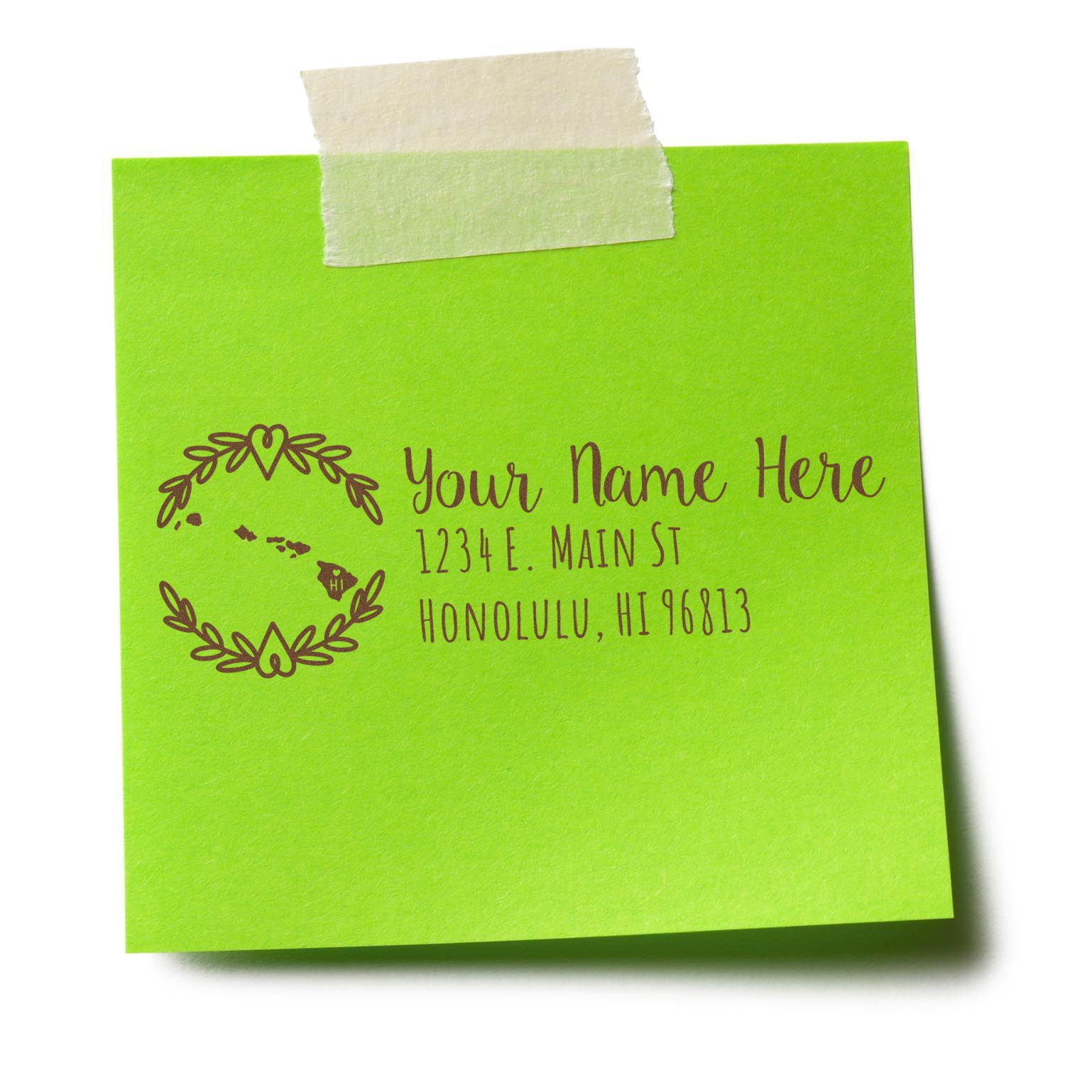 Custom return address rubber stamp with floral wreath design on a green note, personalized mailing stamp for Hawaii address