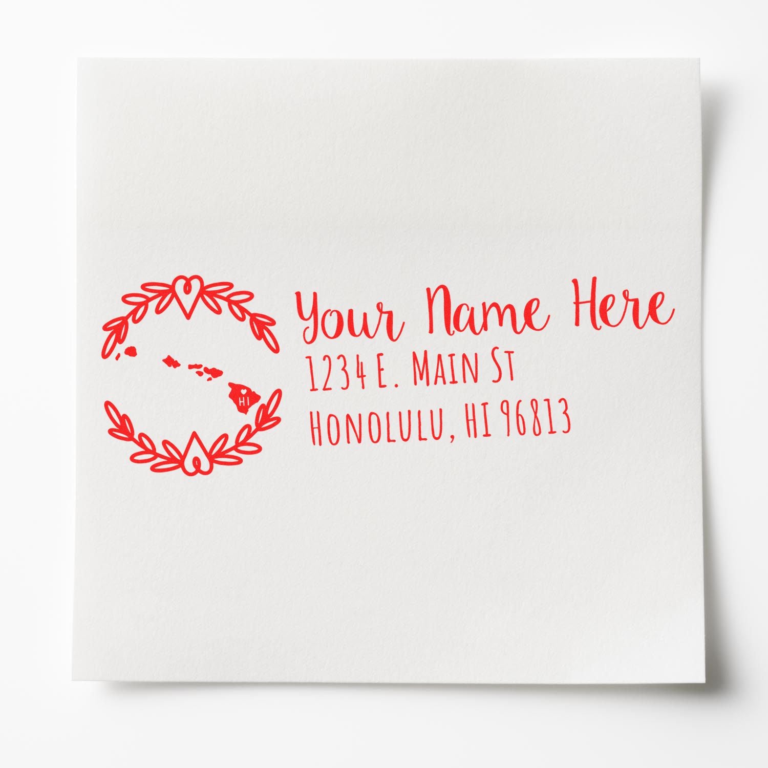 Custom return address rubber stamp with Hawaiian wreath design and personalized Honolulu, HI mailing address.