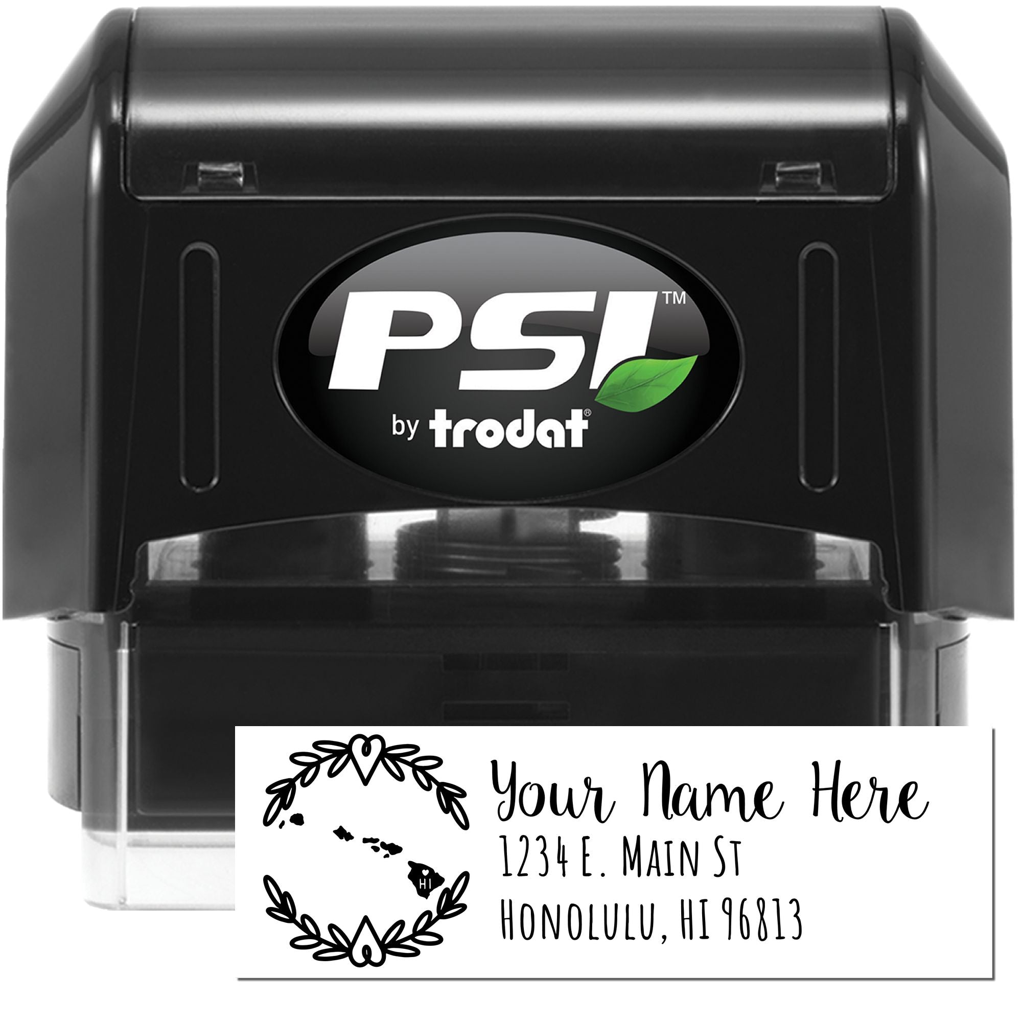 PSI by Trodat self-inking custom address rubber stamp with floral wreath design for personalized Honolulu mailing labels
