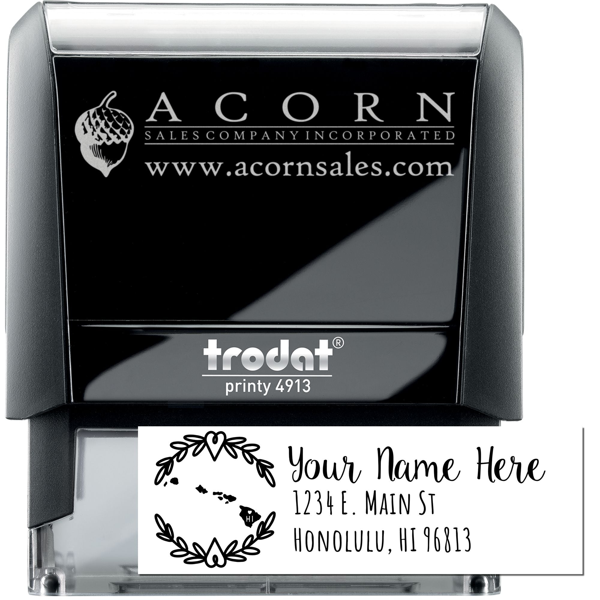Trodat Printy 4913 self-inking rubber stamp with custom business logo and address imprint for personalized mailing.