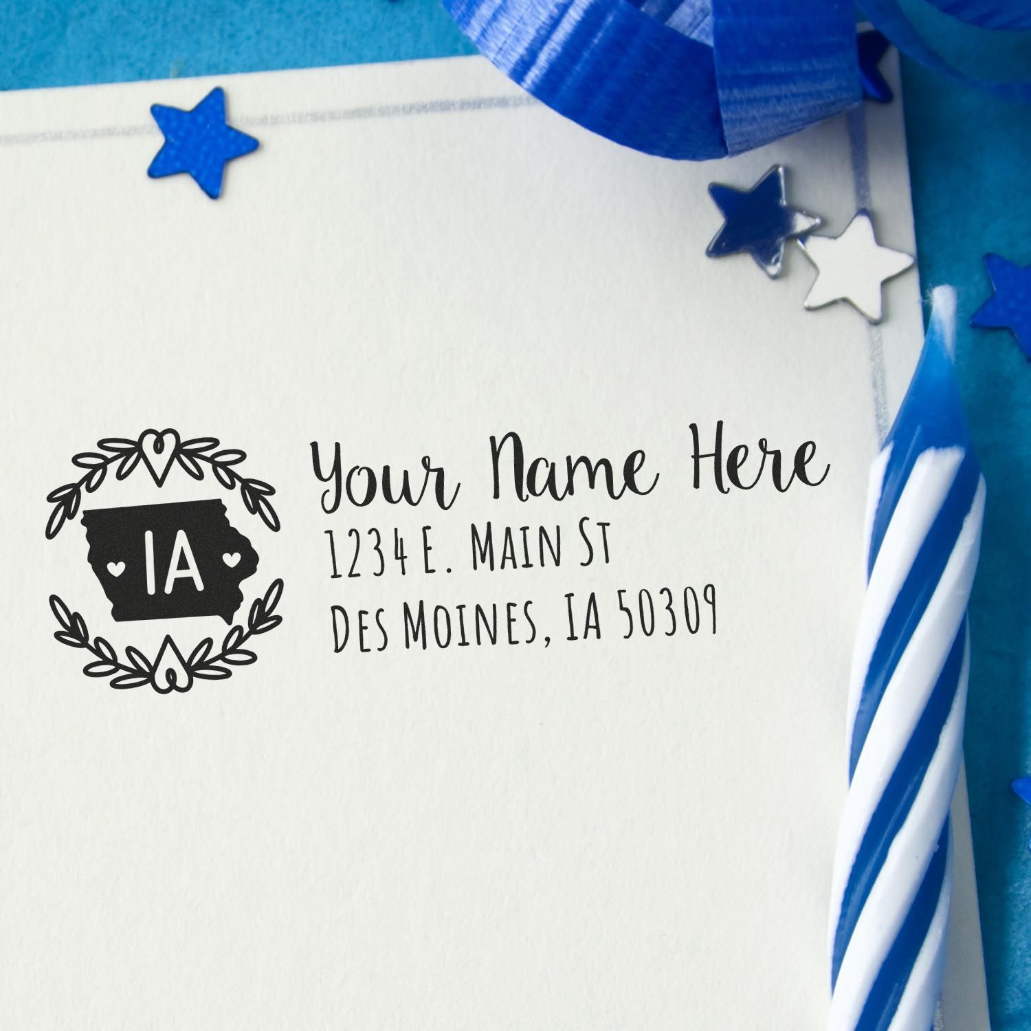 Personalized Iowa return address rubber stamp with custom name and address for envelopes, cards, and mailings.