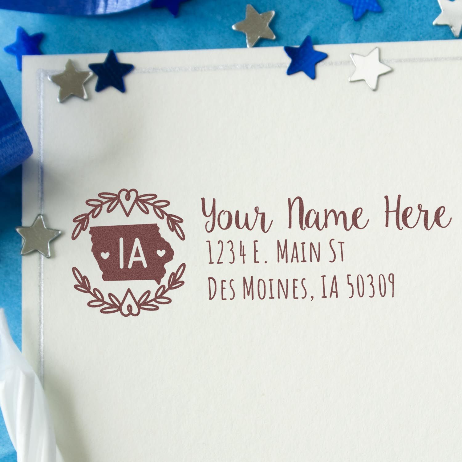 Personalized Iowa return address rubber stamp with floral monogram for wedding invitations and mailing envelopes.