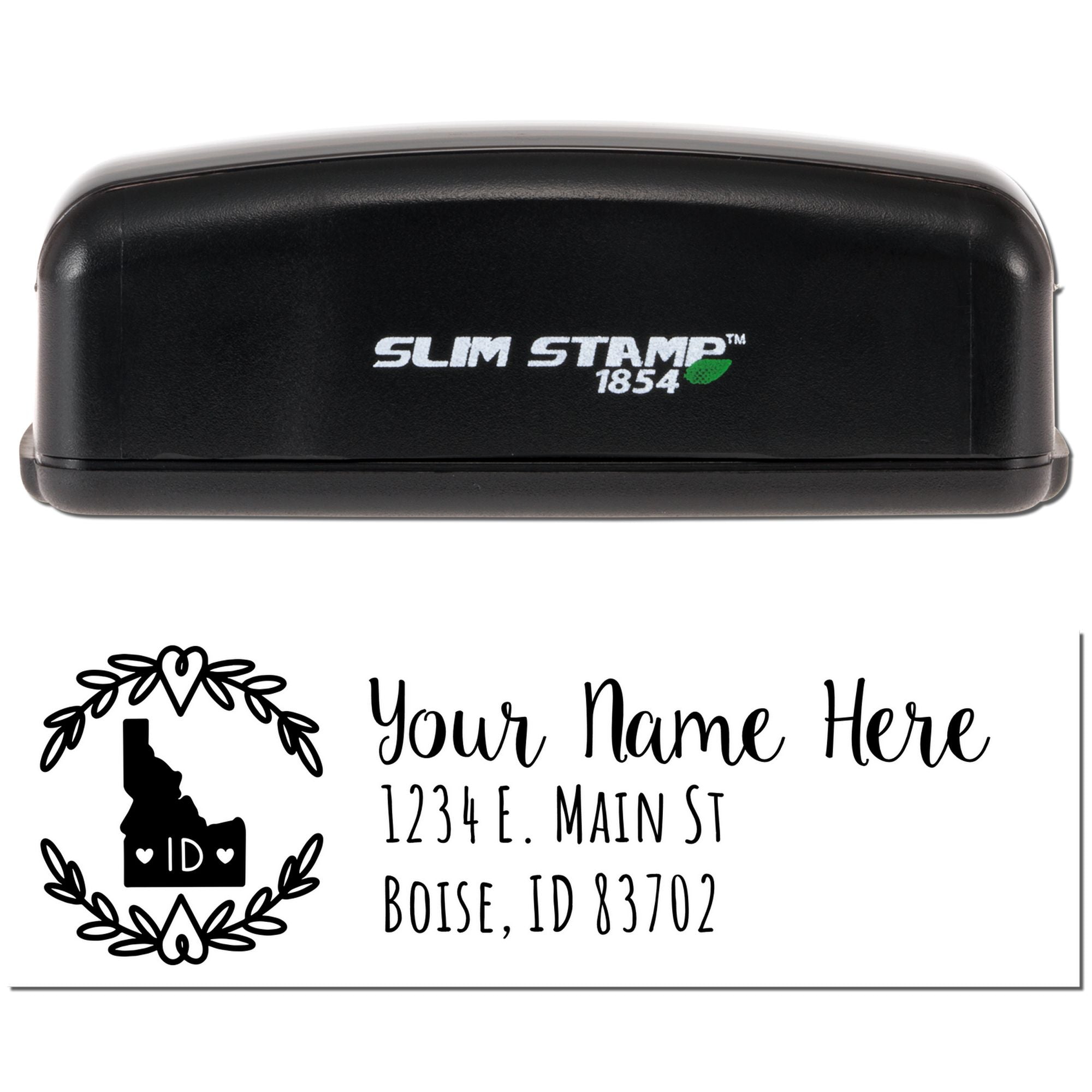 Slim Stamp 1854 self-inking rubber stamp with custom Idaho ID return address design and personalized name and address.