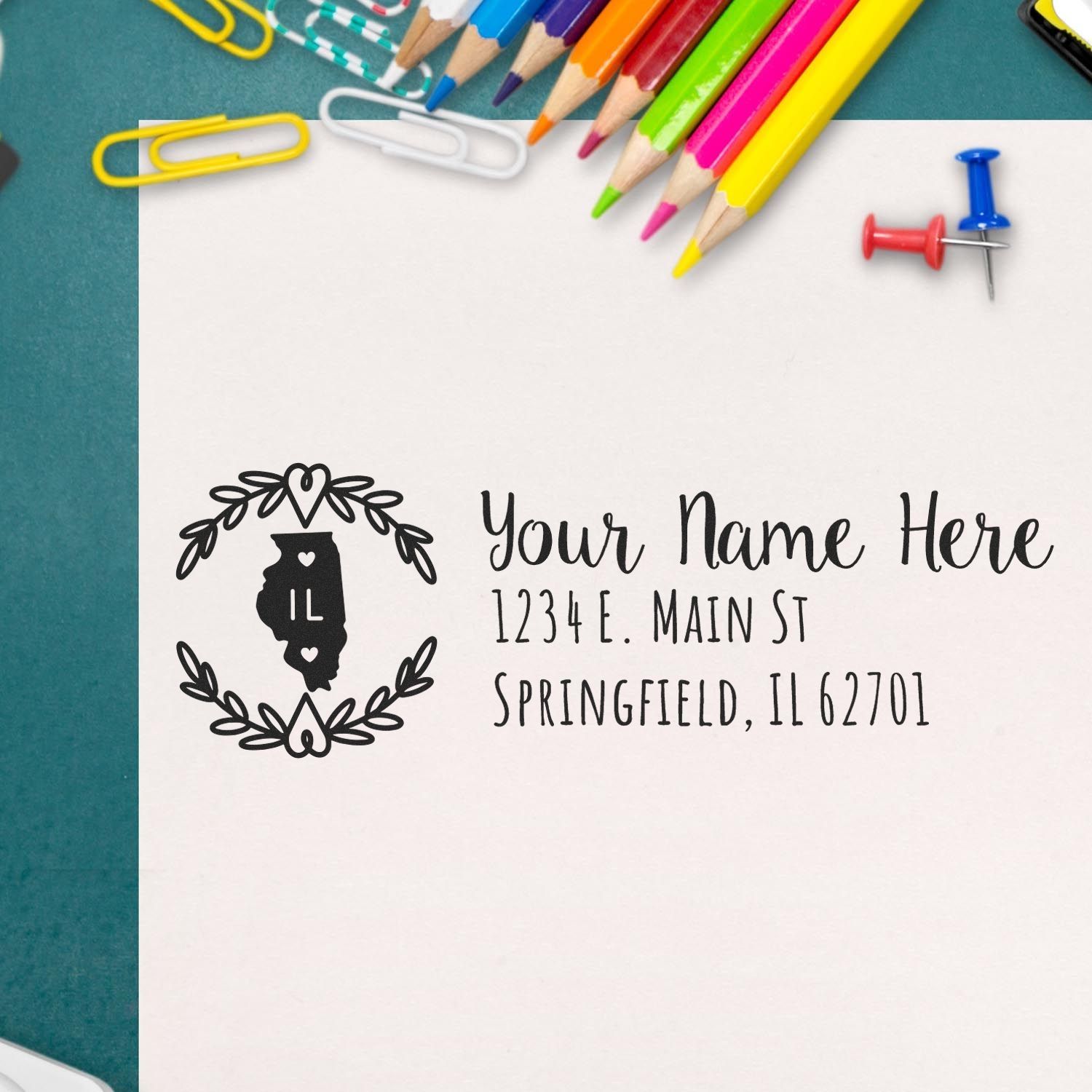 Custom Illinois return address rubber stamp with floral wreath, personalized name and address for envelopes.