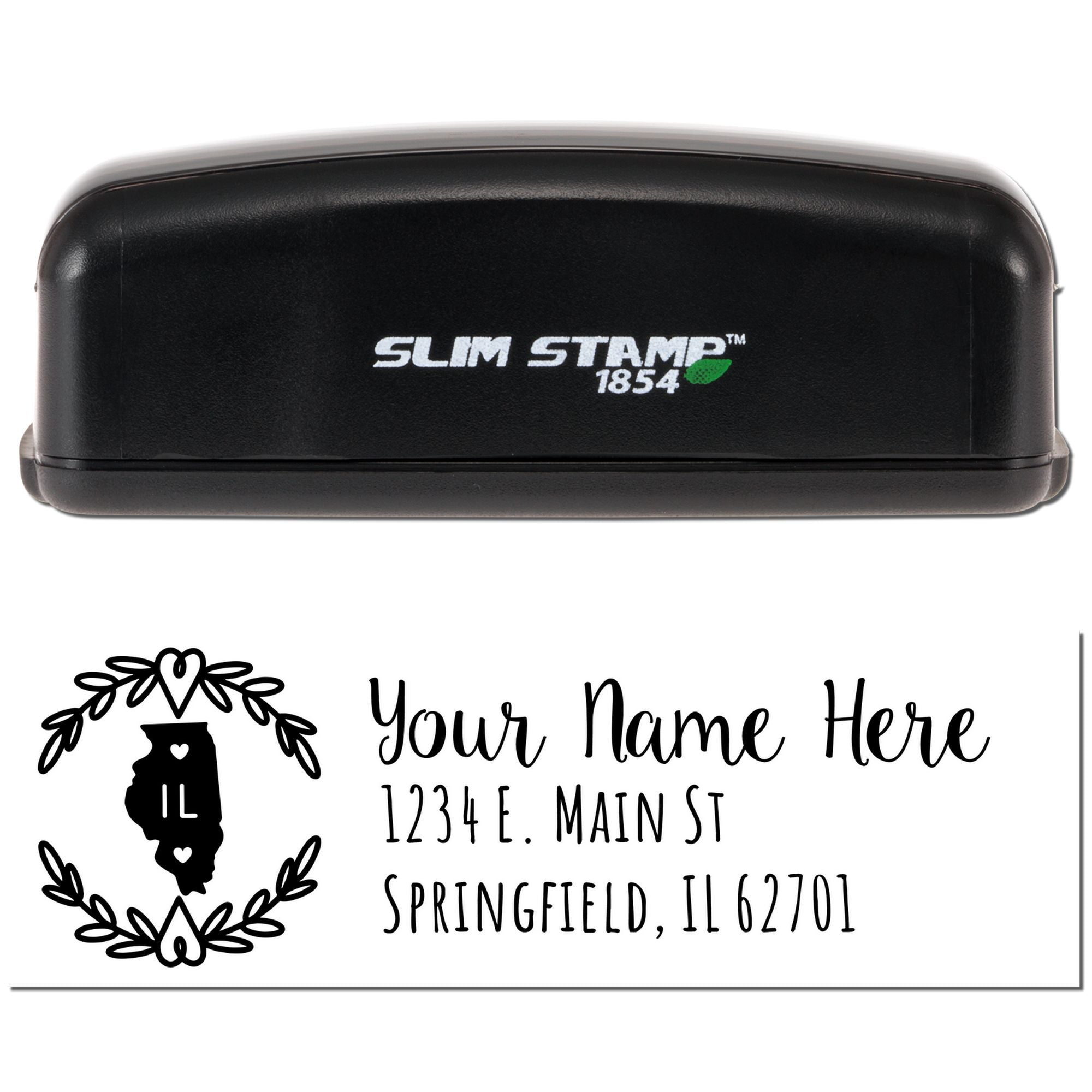 Slim Stamp 1854 self-inking custom return address rubber stamp with Illinois state design and personalized name and address.