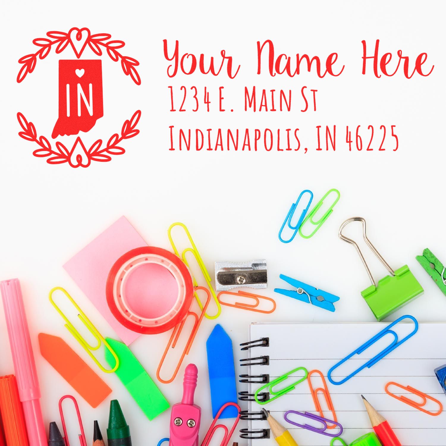 Custom Indiana return address rubber stamp with name, street address, and decorative heart wreath design for envelopes and stationery.