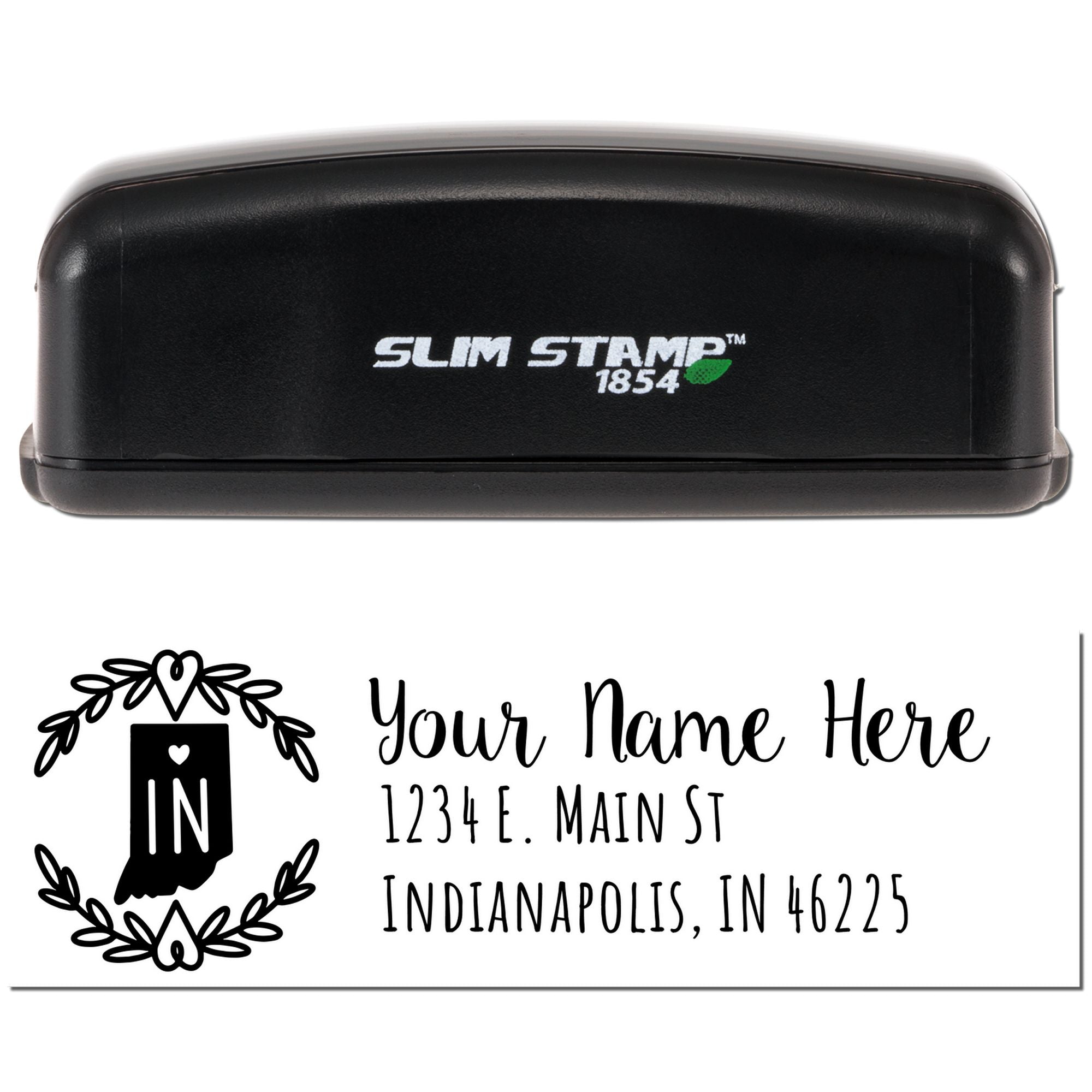 Custom self-inking rubber return address stamp with personalized name, Indiana address, and decorative wreath design.