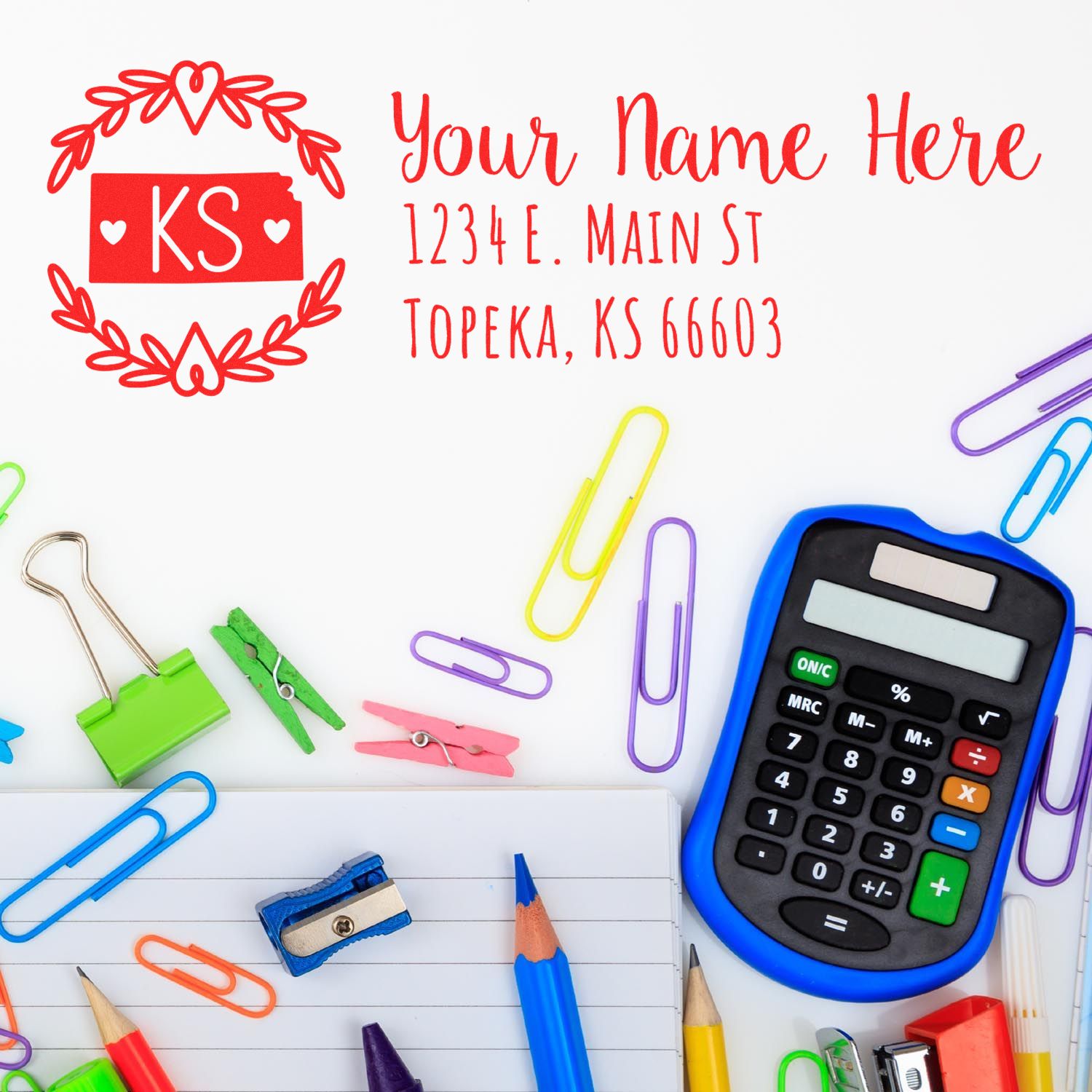 Custom return address rubber stamp with floral monogram, name, and address for envelopes, invitations, and stationery.