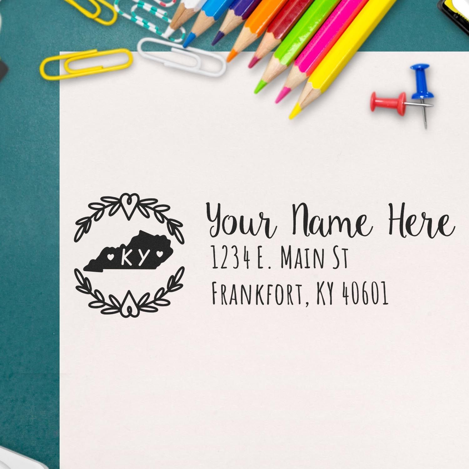 Custom Kentucky address rubber stamp with name and mailing address for personalized return envelopes and stationery.