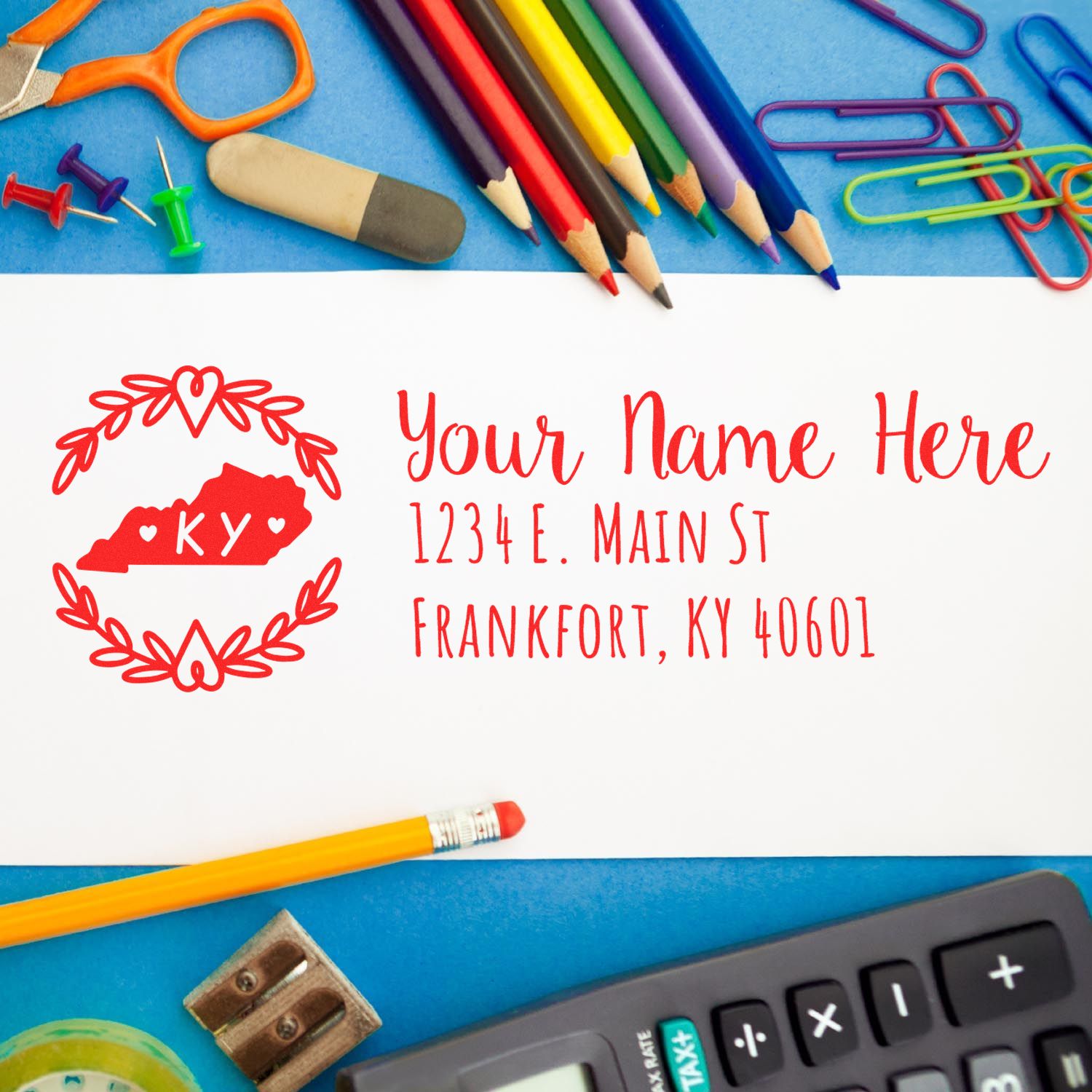 Custom return address rubber stamp with Kentucky state design, personalized name, and mailing address for stationery.