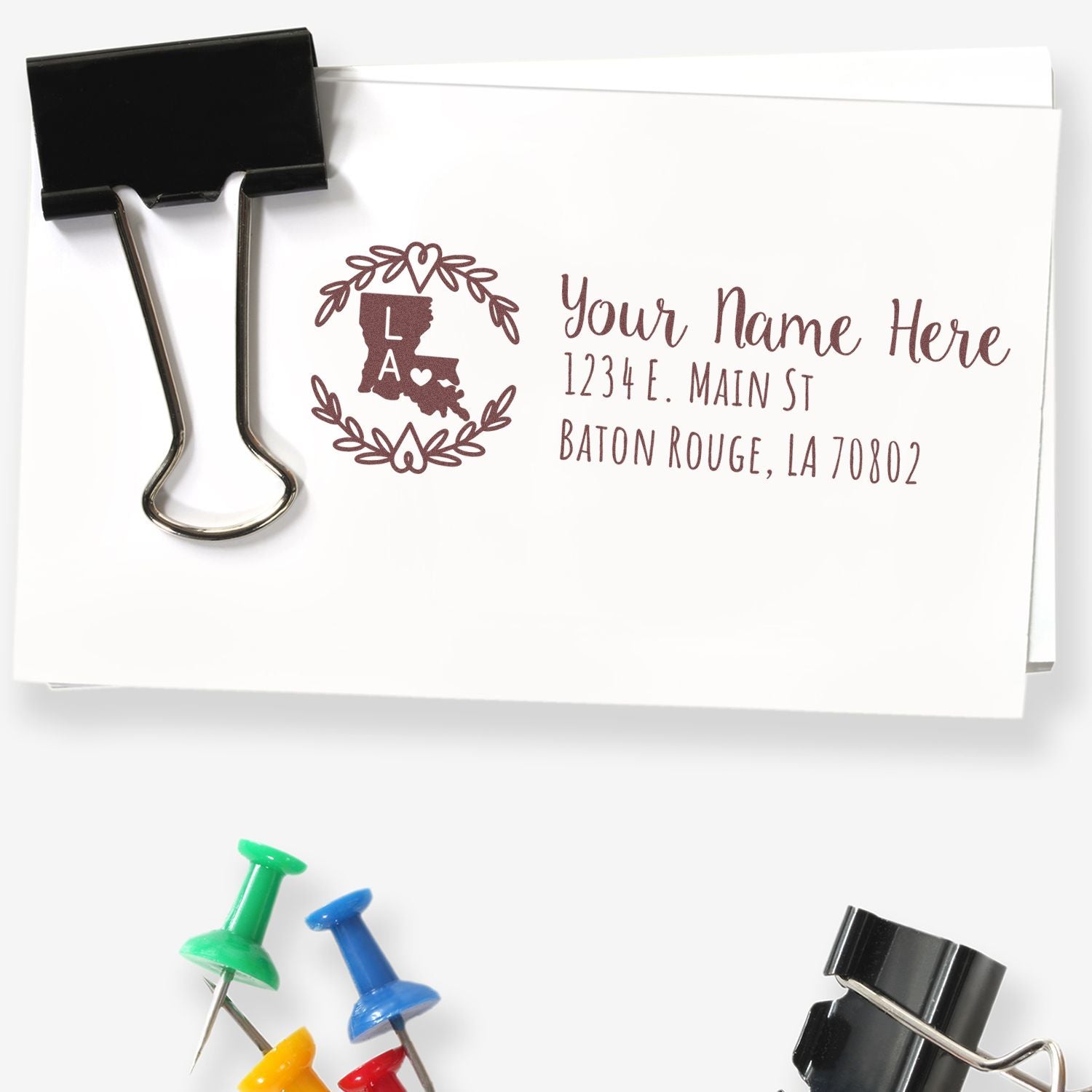 Personalized Louisiana return address rubber stamp for custom envelope addressing, weddings, and business mail.