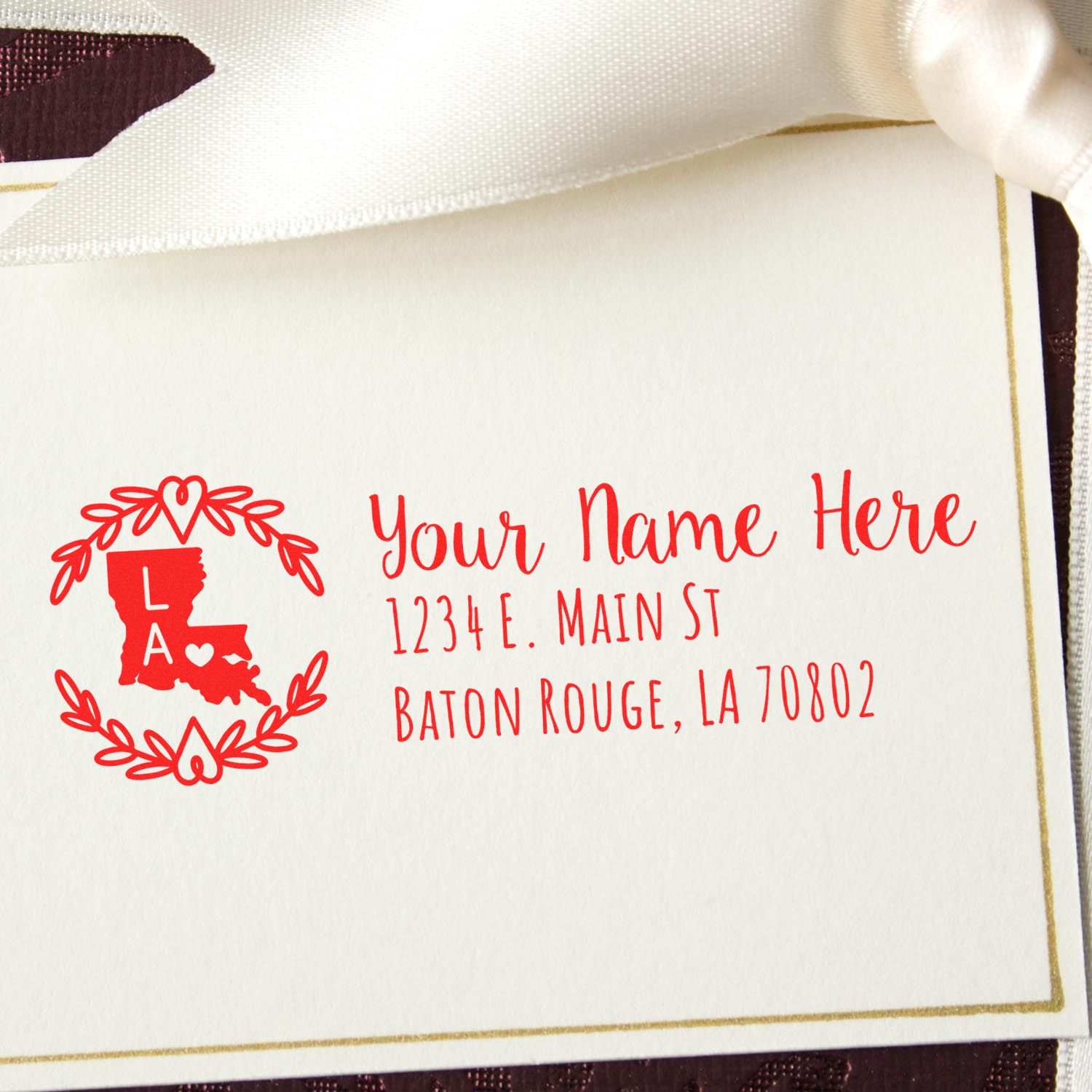 Custom rubber address stamp with Louisiana design for personalized return addresses, wedding invitations, and business mail.
