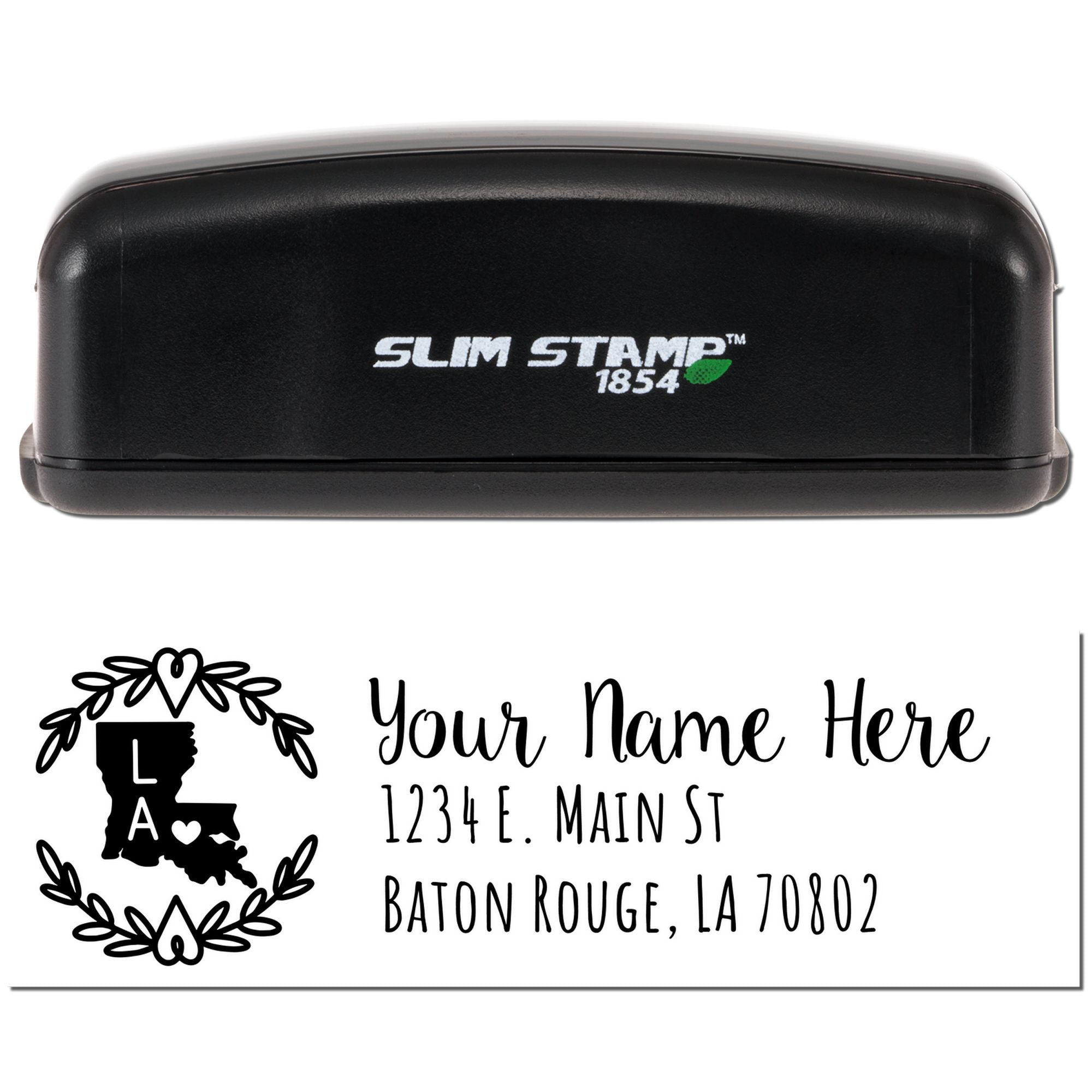 Slim Stamp 1854 self-inking custom address rubber stamp with Louisiana monogram design for mailing.
