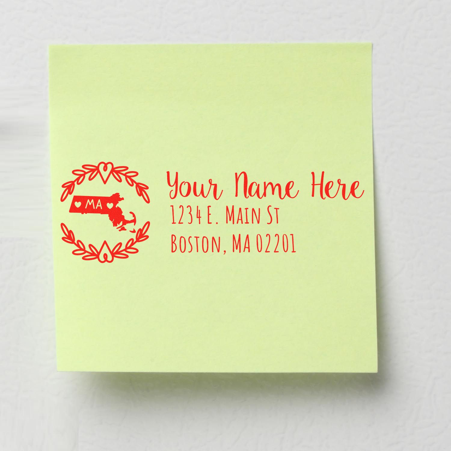 Custom return address rubber stamp with Massachusetts wreath design and Boston, MA address