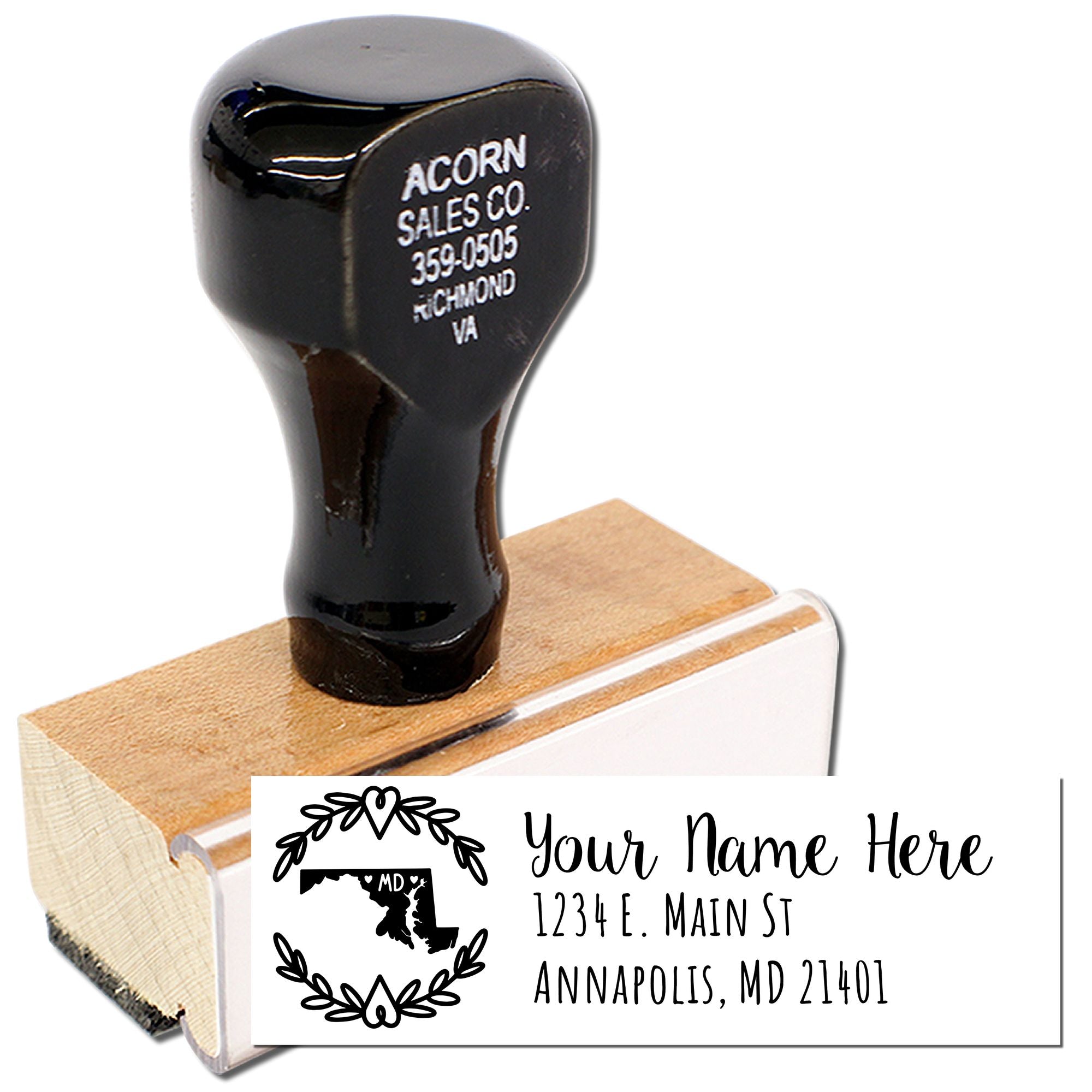 Custom return address rubber stamp with wooden handle, featuring a personalized Maryland address design for mailing.