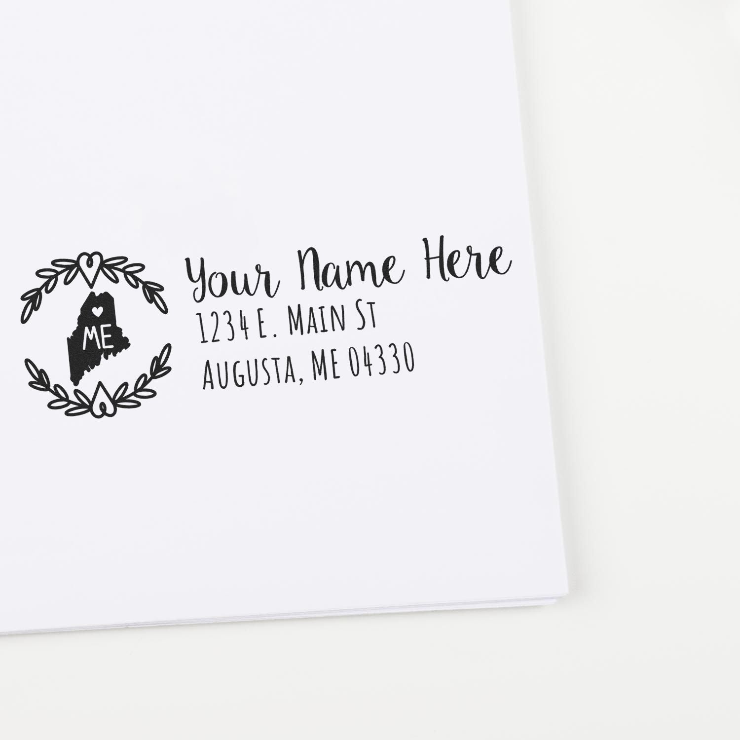 Personalized Maine return address rubber stamp with custom name and address for wedding invitations and mailing labels.