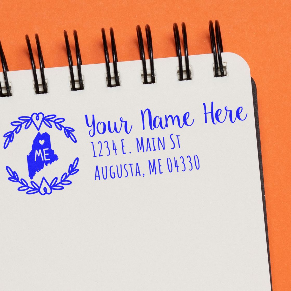 Personalized rubber return address stamp with Maine monogram, name, and address for envelopes, mail, and stationery.