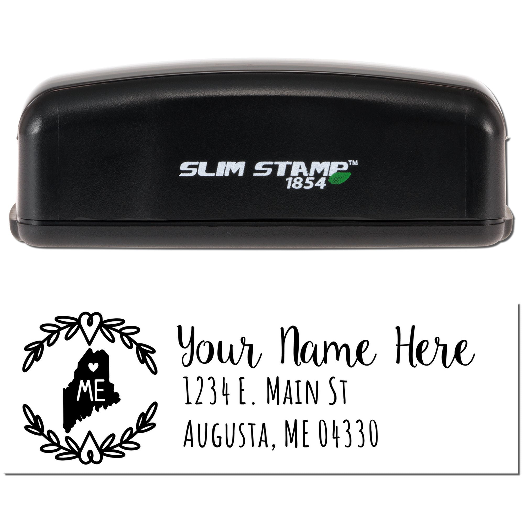 Personalized Slim Stamp 1854 self-inking return address rubber stamp with Maine state design, name, and mailing address.