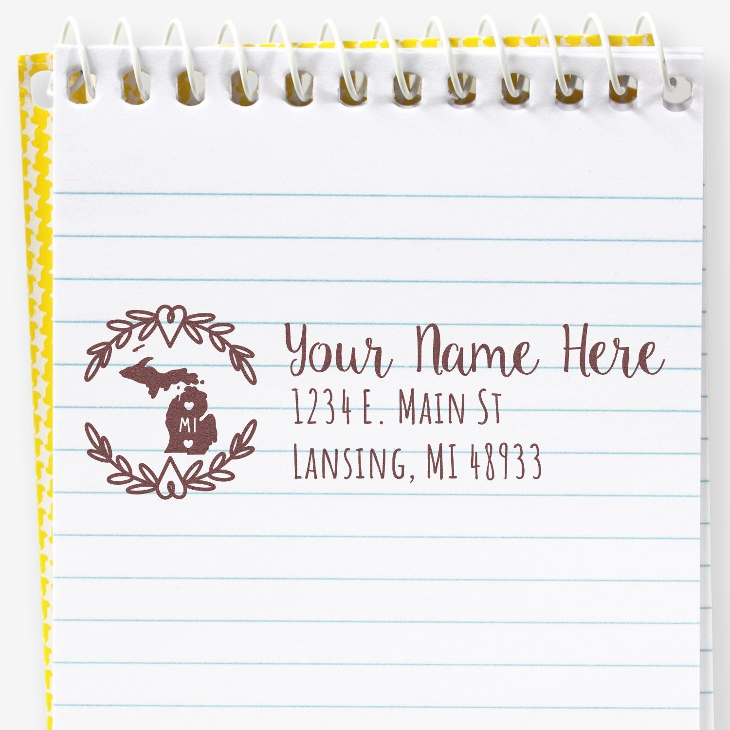 Custom Michigan return address rubber stamp with wreath and family name, personalized address stamp for envelopes.