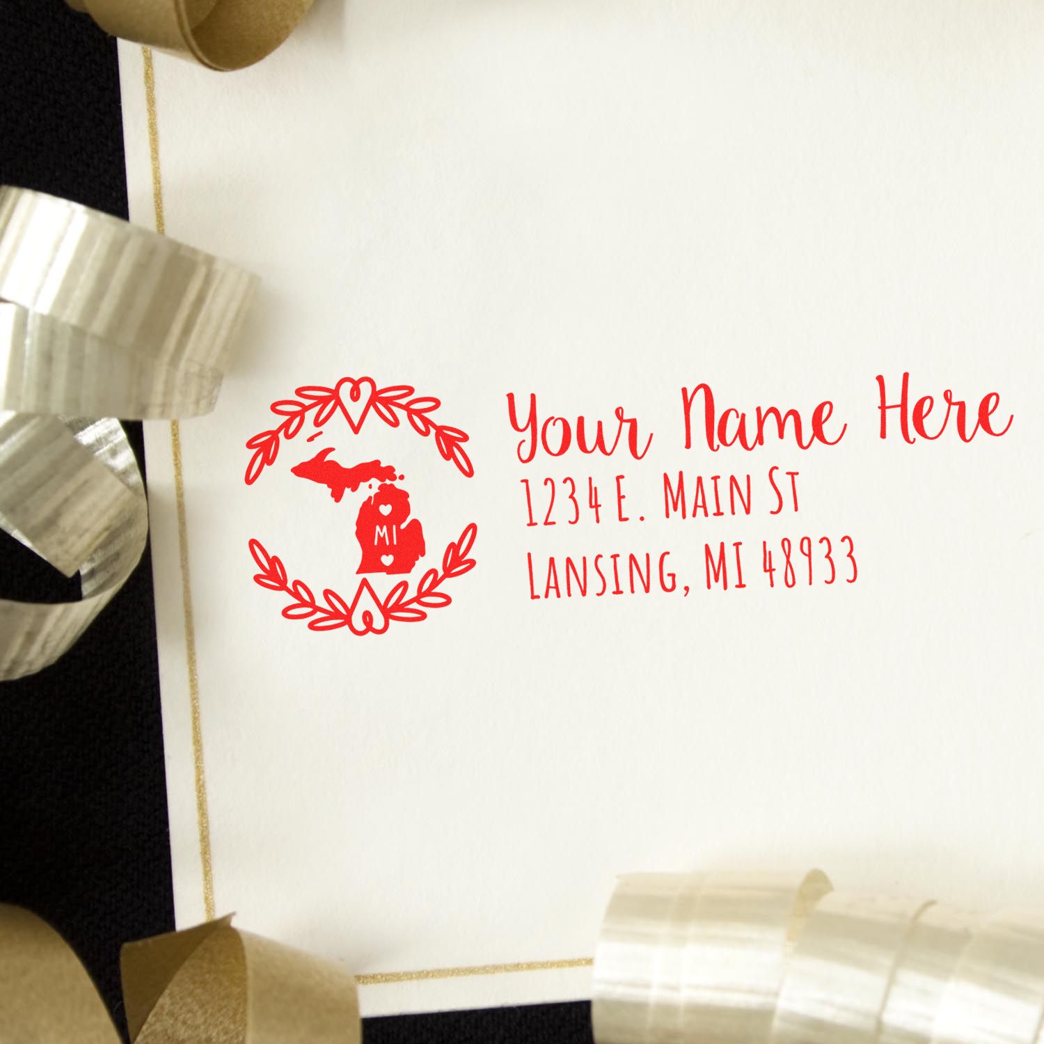 Custom Michigan rubber stamp with wreath design and personalized return address for envelopes, cards, and wedding stationery.