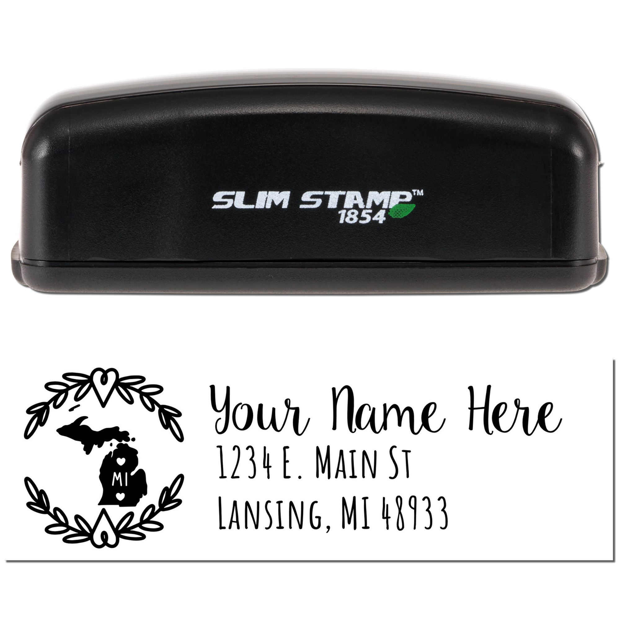 Custom Michigan return address rubber stamp with personalized name, street, and city imprint for Slim Stamp 1854.