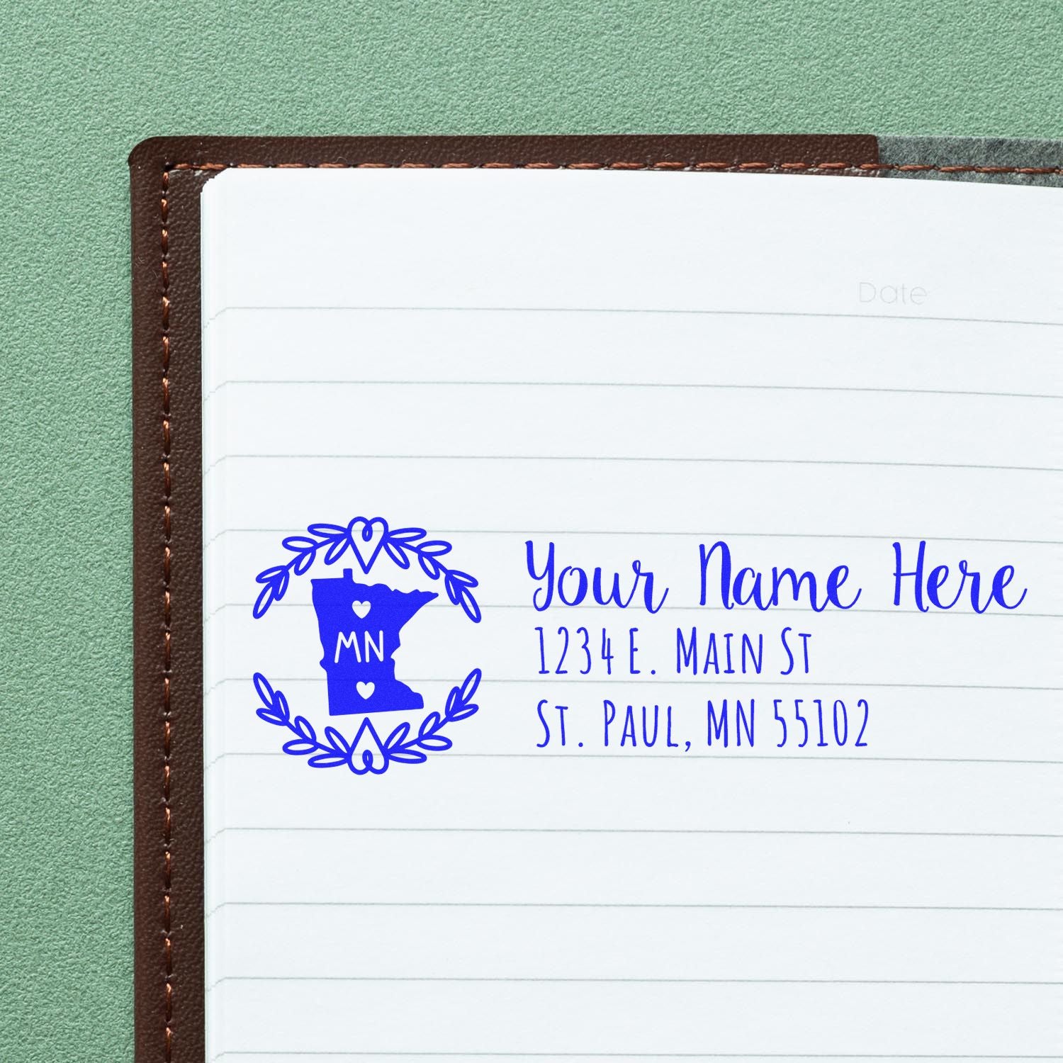 Custom Minnesota return address rubber stamp with floral wreath design for personalized stationery and envelopes.