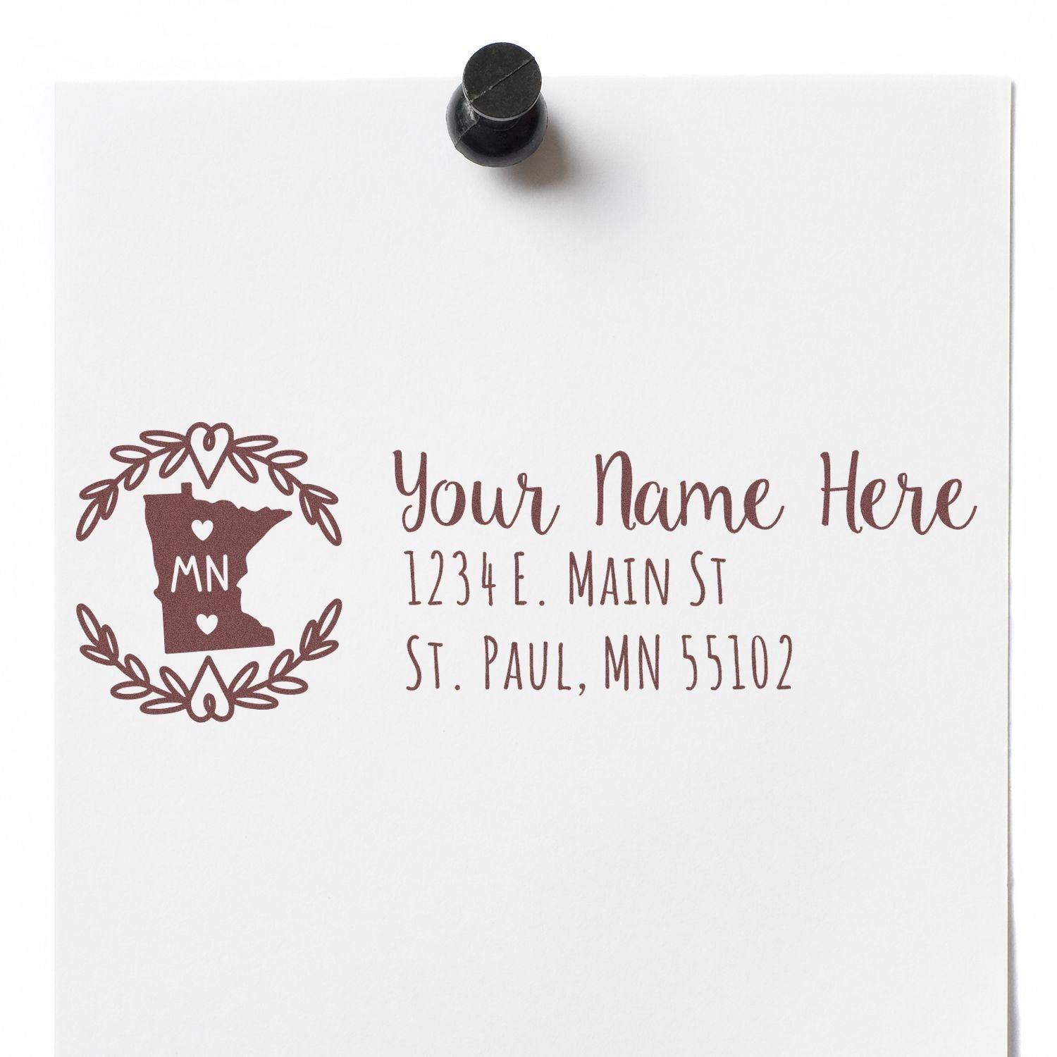 Custom Minnesota return address rubber stamp with name and St. Paul, MN address for personalized mailing.