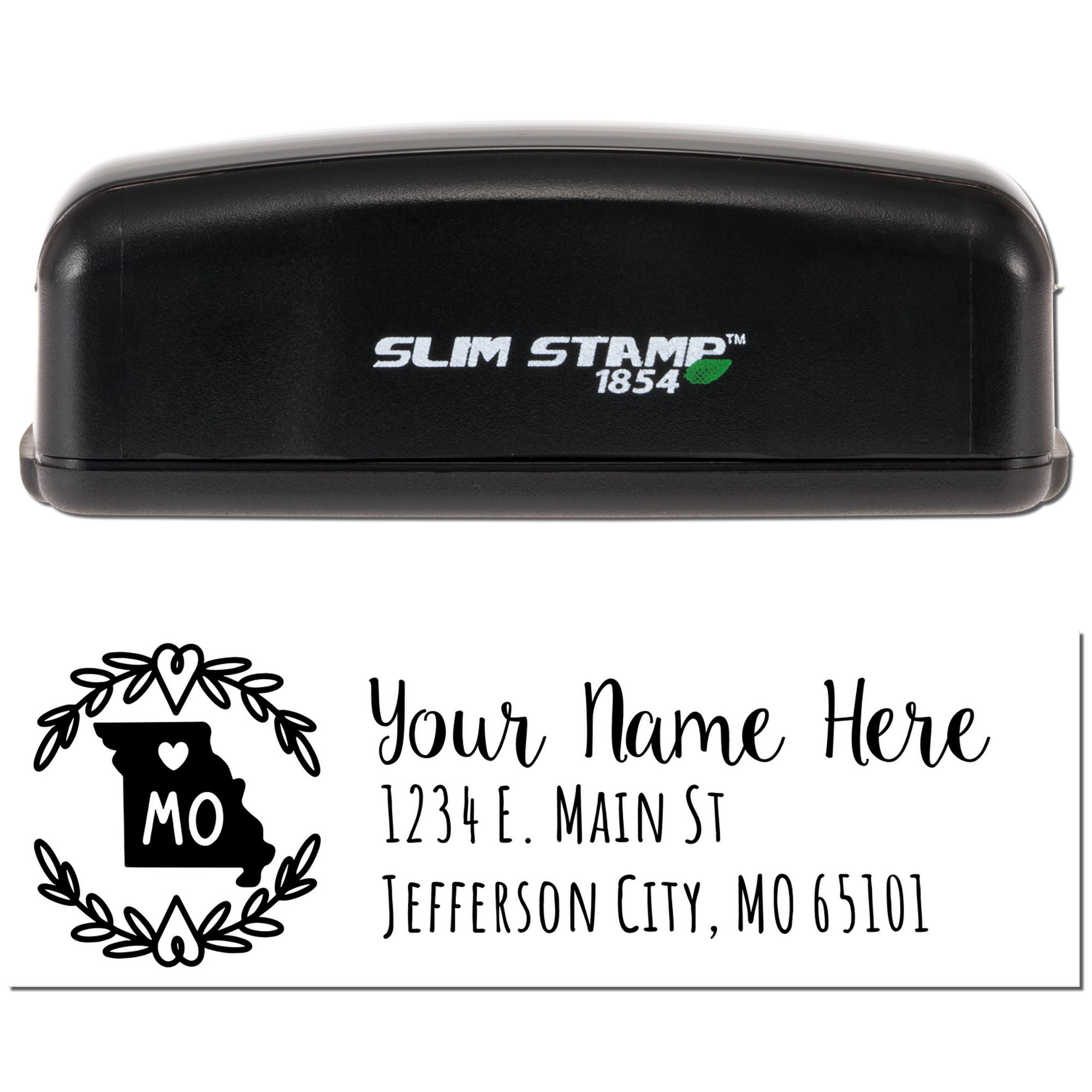 Custom Slim Stamp 1854 rubber stamp with Missouri monogram and address design for personalized mailing and return addresses.