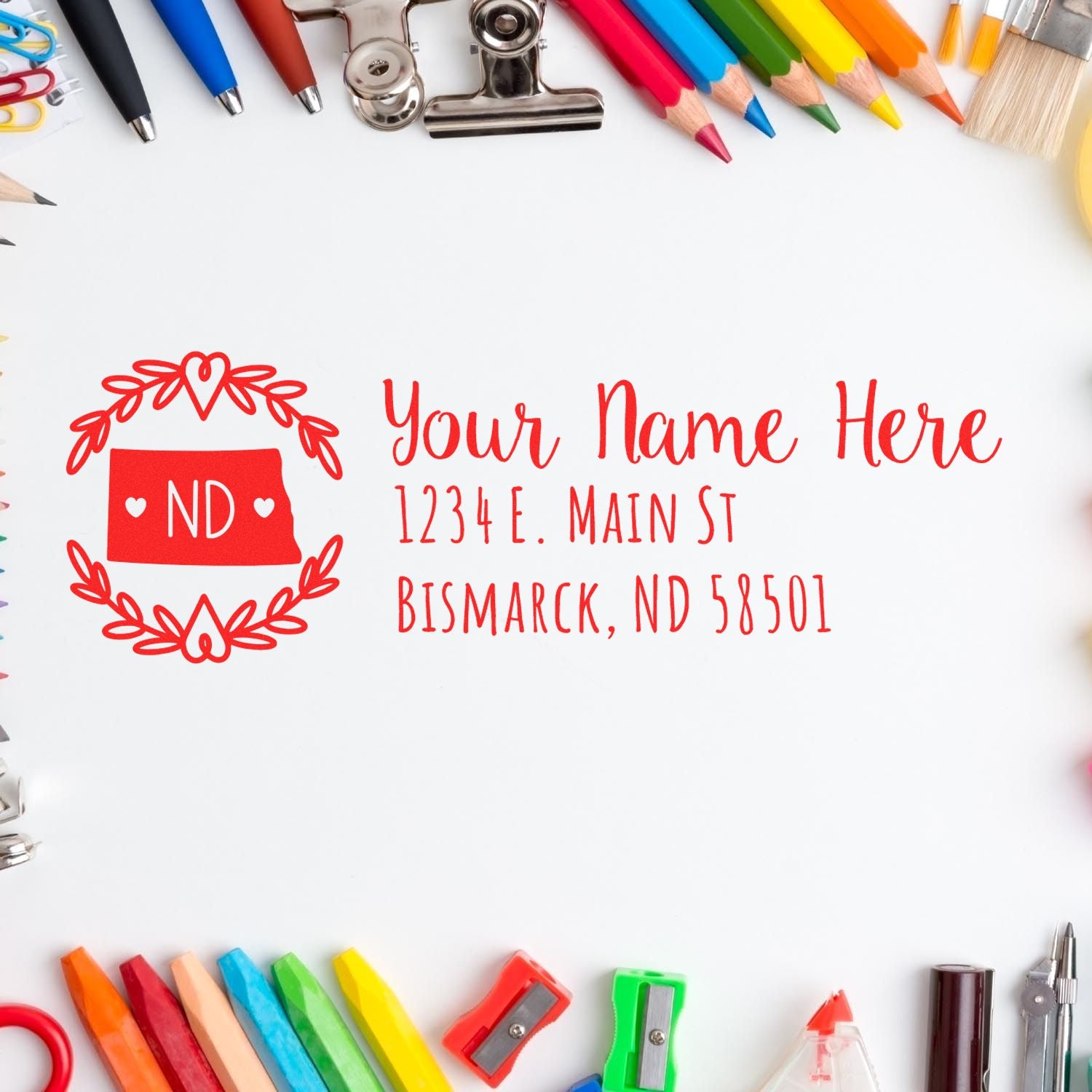 Personalized return address rubber stamp with North Dakota state design for custom stationery and envelope labeling