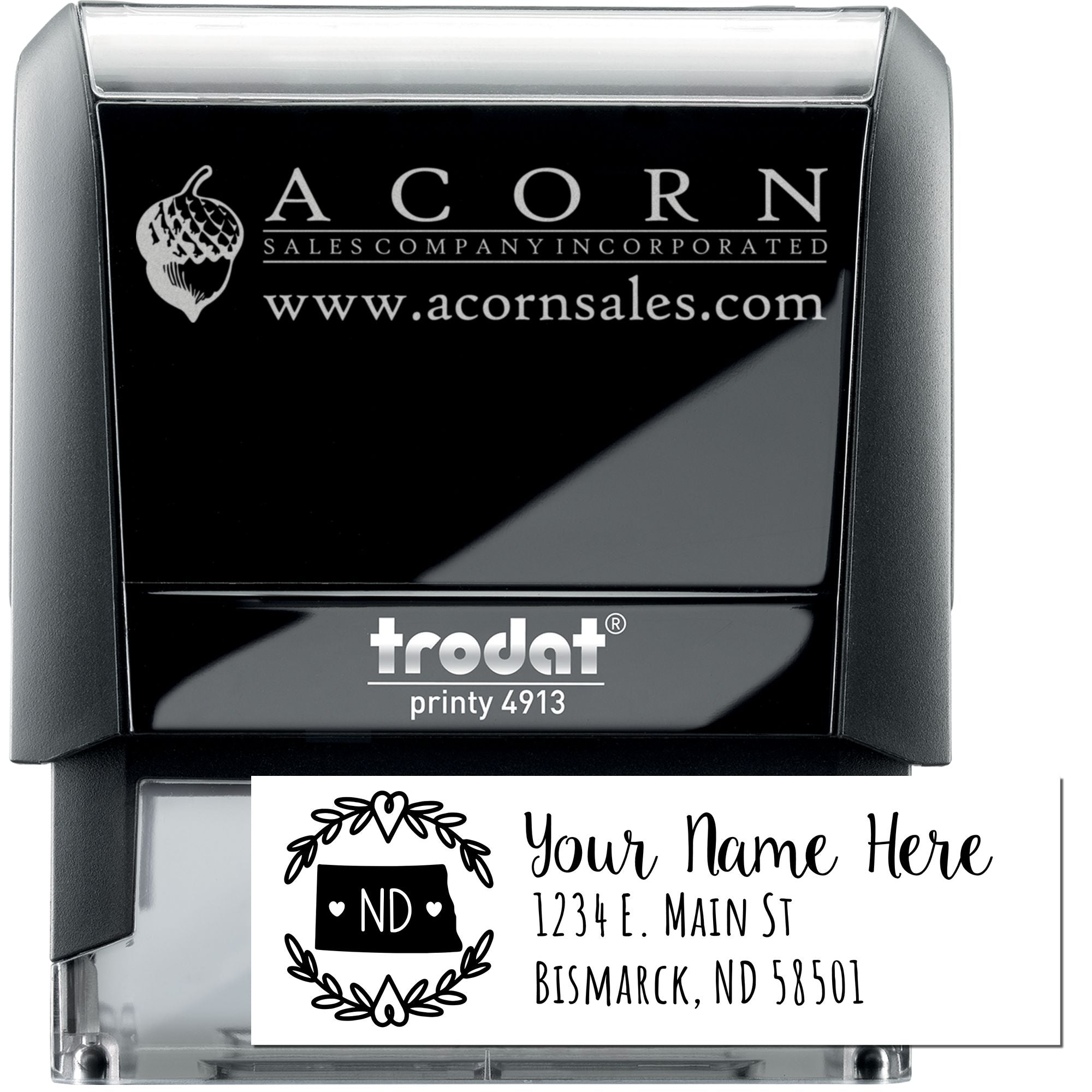 Custom Trodat self-inking rubber stamp with business logo and return address imprint for personalized mailings.