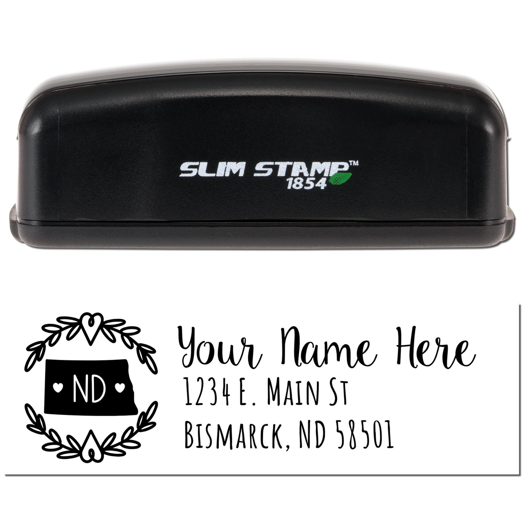 Custom address rubber stamp with Slim Stamp 1854, personalized name, street address, and North Dakota state design.