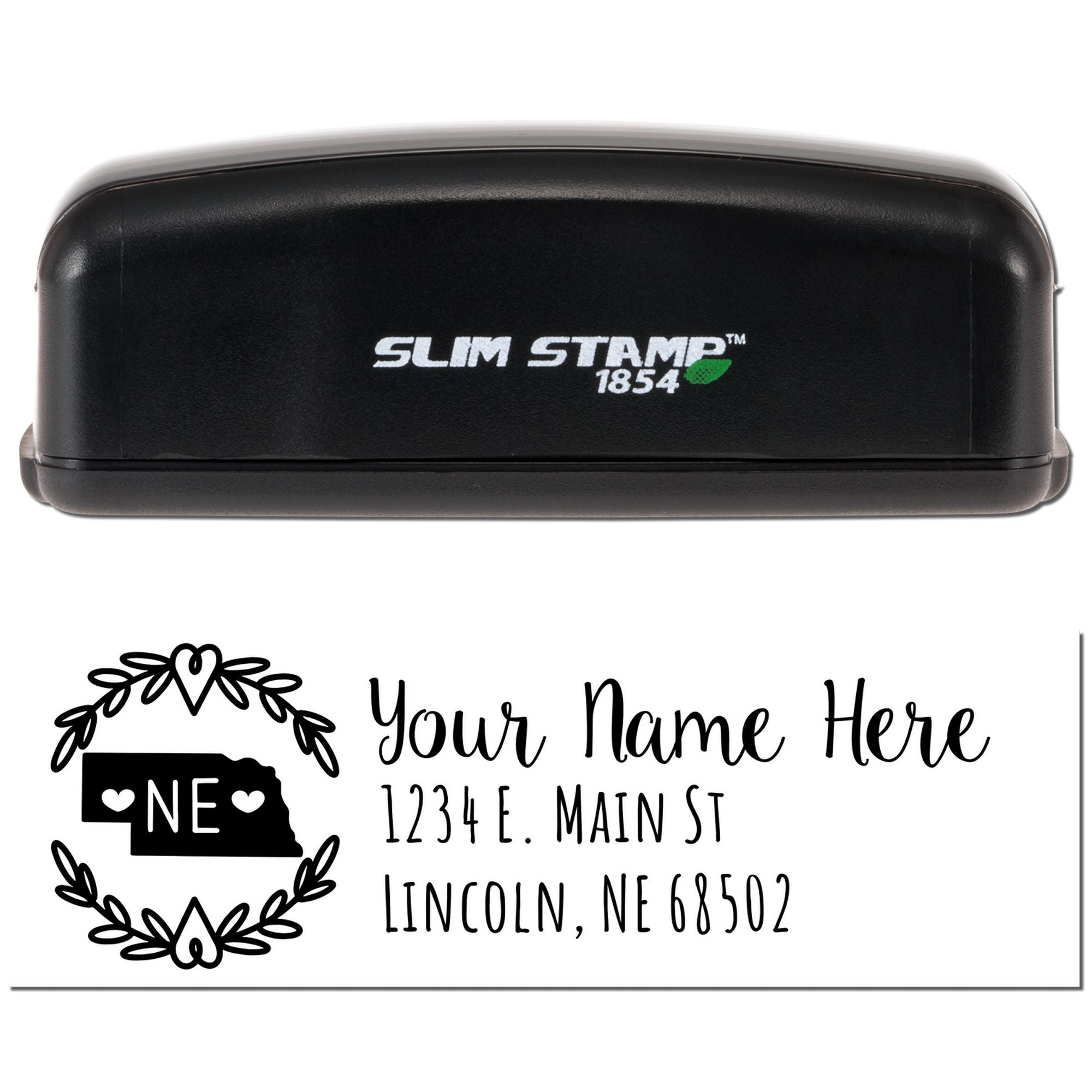Personalized Slim Stamp 1854 custom return address rubber stamp with Nebraska state design, name, street, and ZIP code.