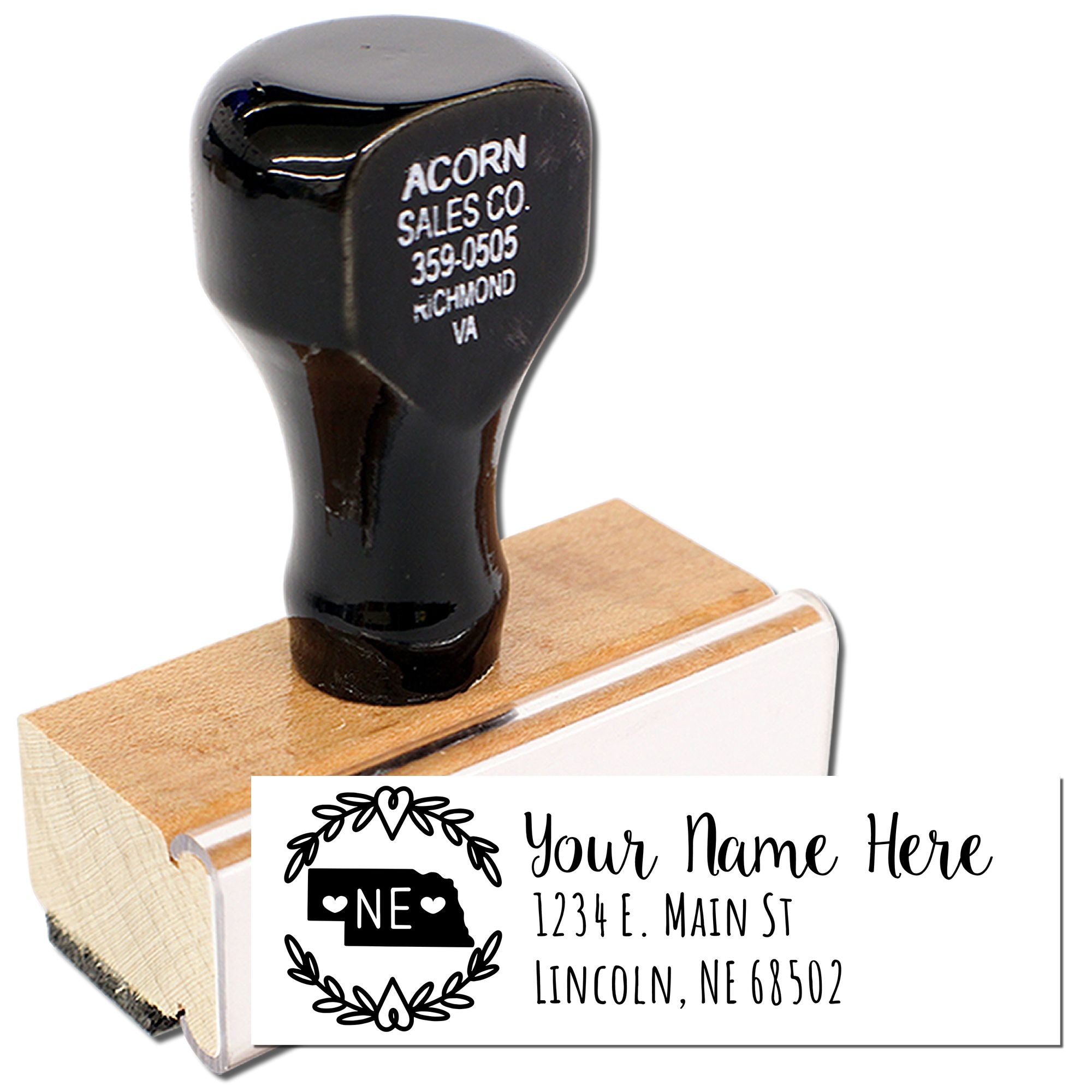 Custom rubber address stamp with personalized name and Nebraska return address for mailing envelopes and home business use.