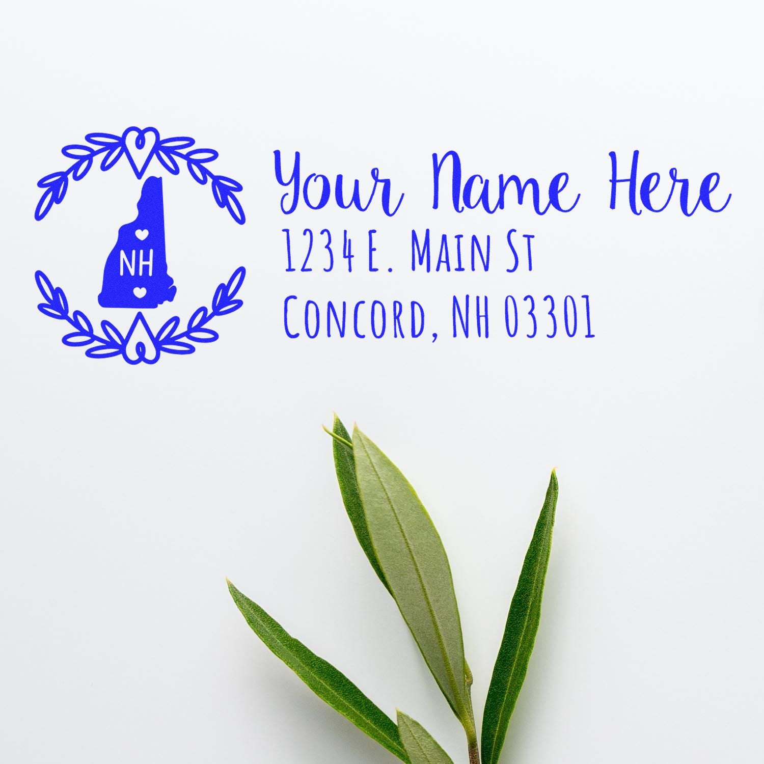 Custom New Hampshire return address rubber stamp with wreath and state silhouette, personalized name and Concord, NH address