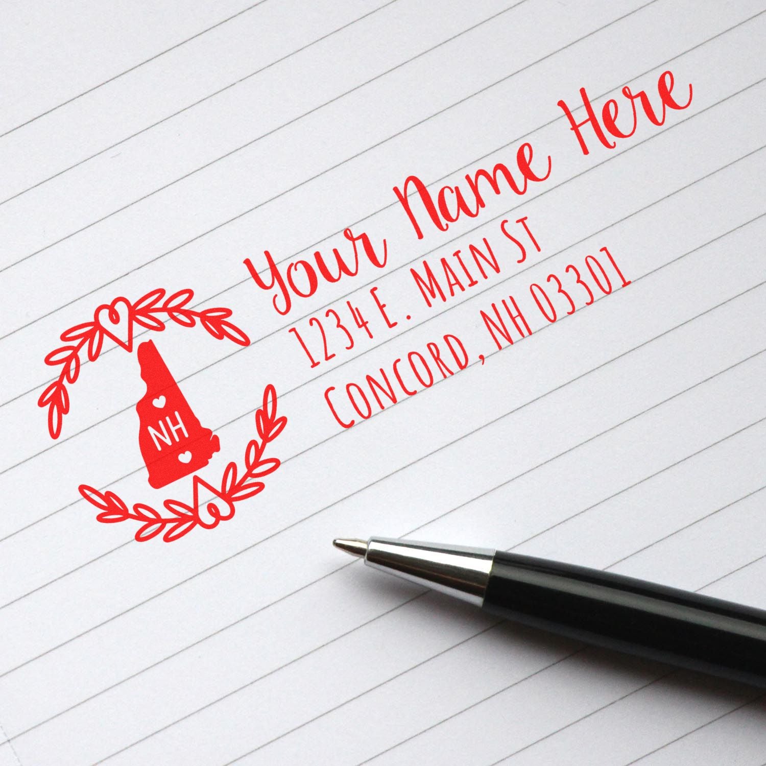 Personalized return address rubber stamp with name and Concord, NH address for mailing and stationery use.