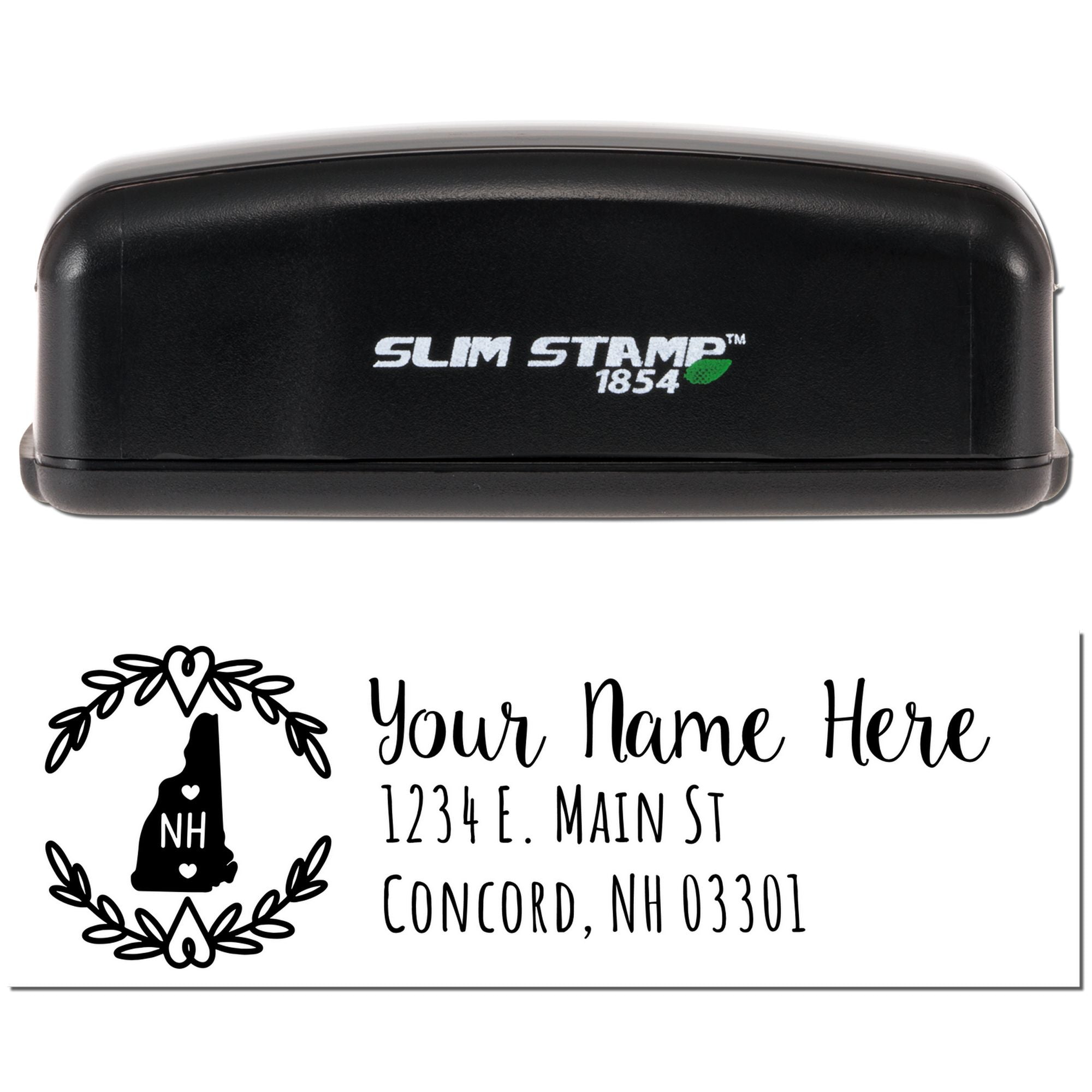 Slim Stamp 1854 custom self-inking return address rubber stamp with New Hampshire design and personalized name and address.