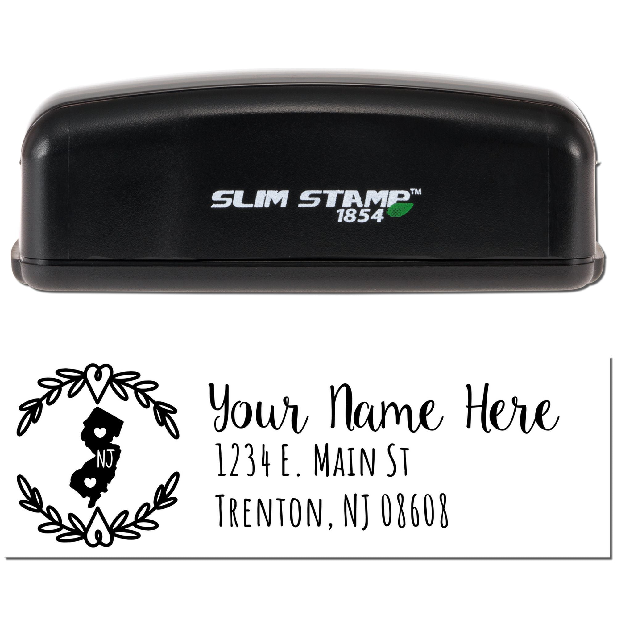 Custom New Jersey return address rubber stamp with name and address, shown with Slim Stamp 1854 self-inking case.