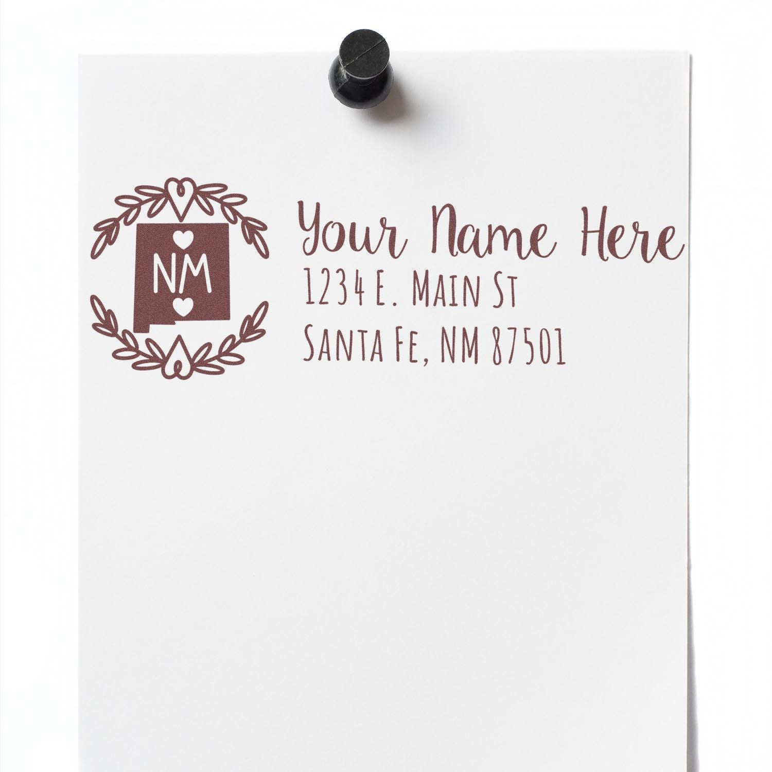 Custom New Mexico address rubber stamp with monogram wreath and personalized Santa Fe, NM return address design.