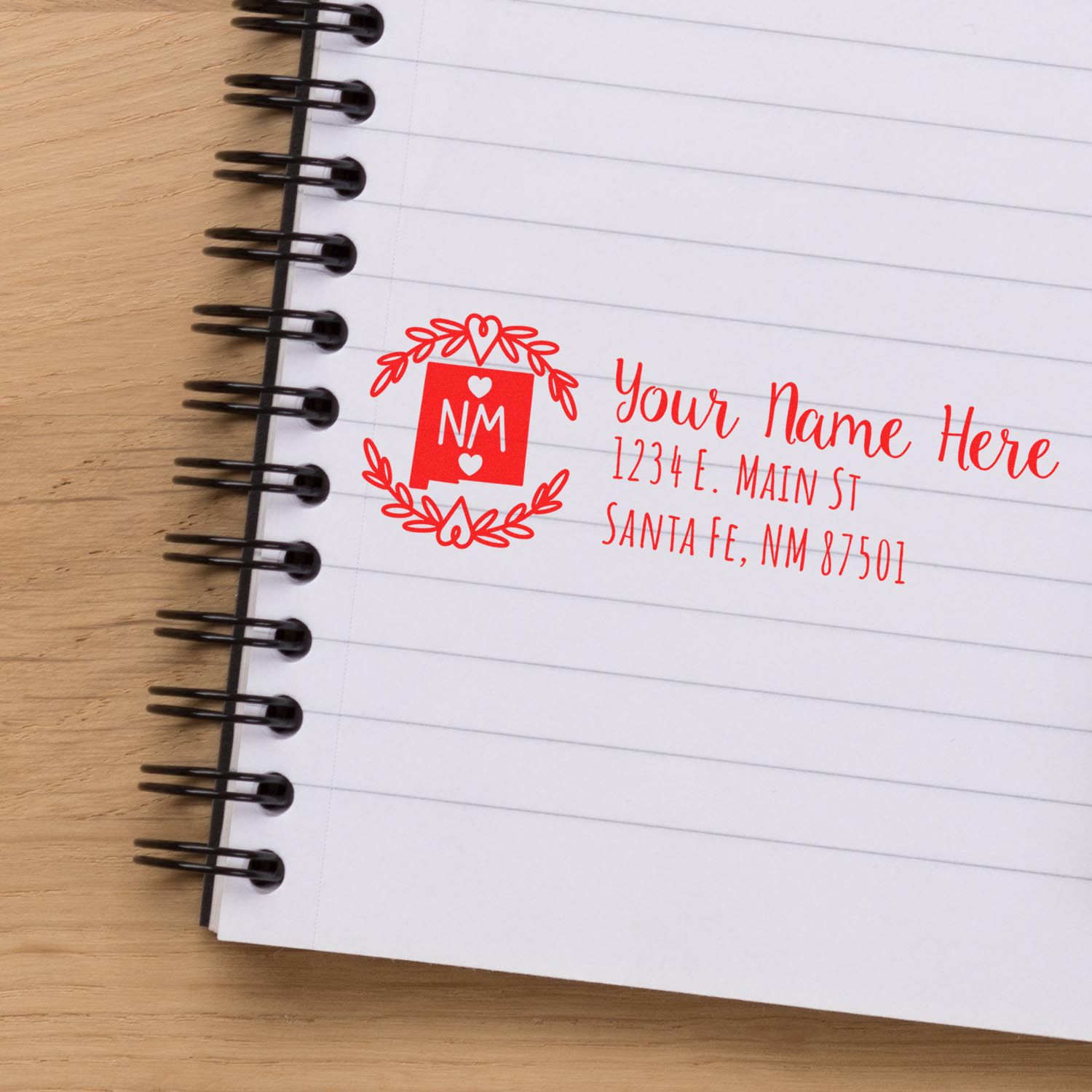 Custom return address rubber stamp with name and Santa Fe, NM address for personalized mail and stationery.
