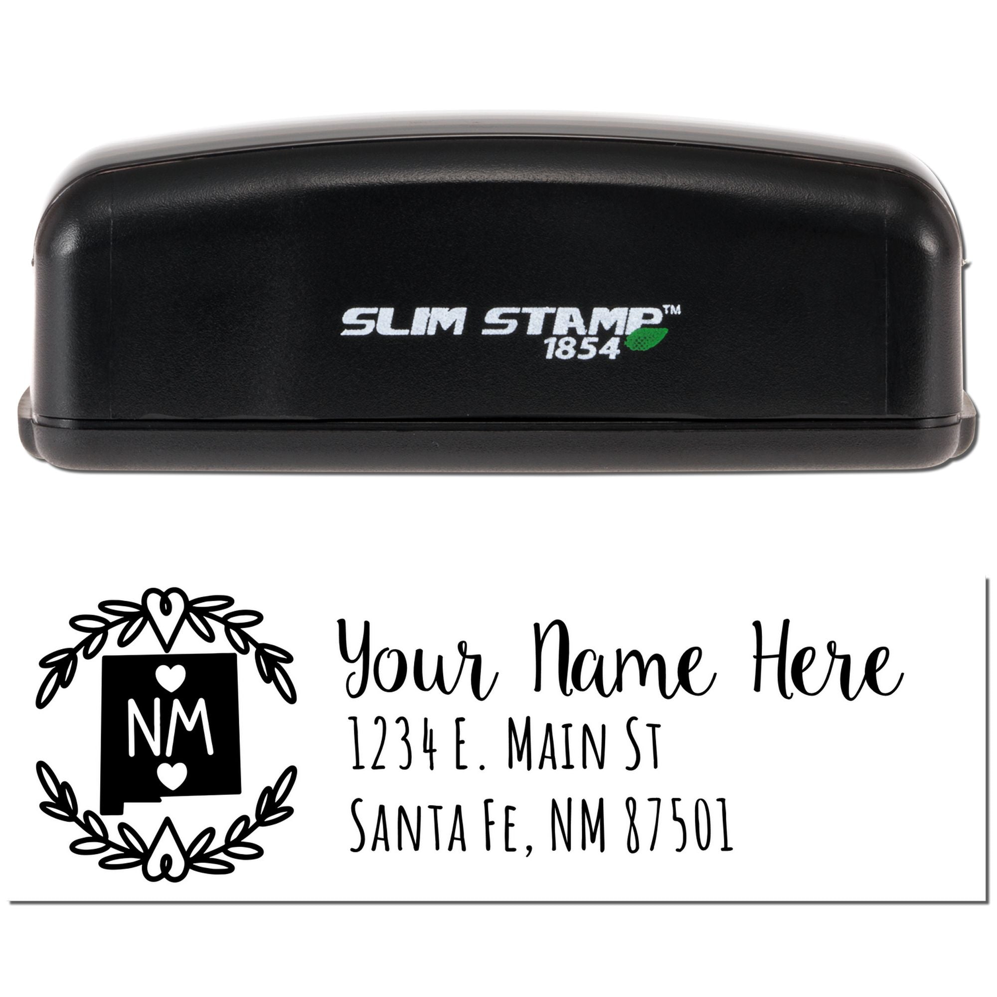 Slim Stamp 1854 self-inking custom rubber stamp with floral monogram return address design.
