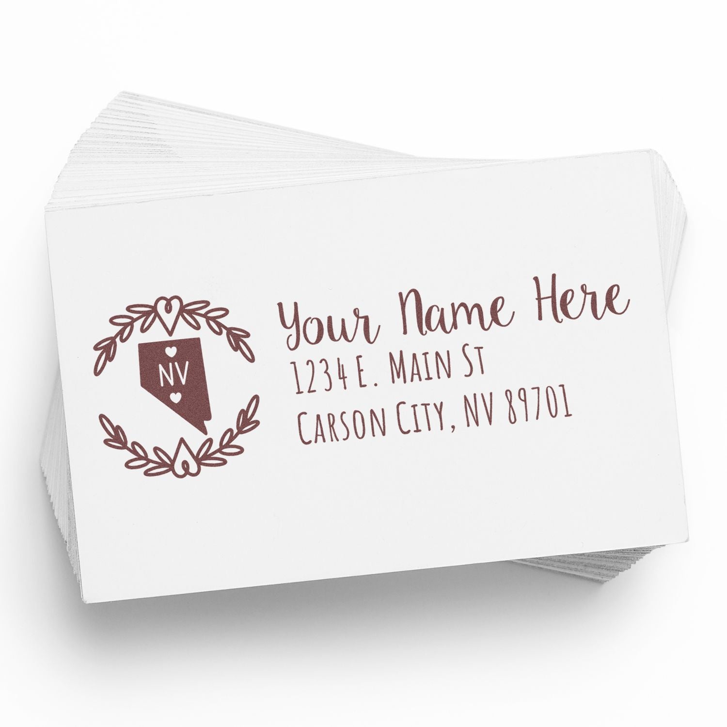 Custom Nevada return address rubber stamp with name, Carson City address, and decorative state monogram design.