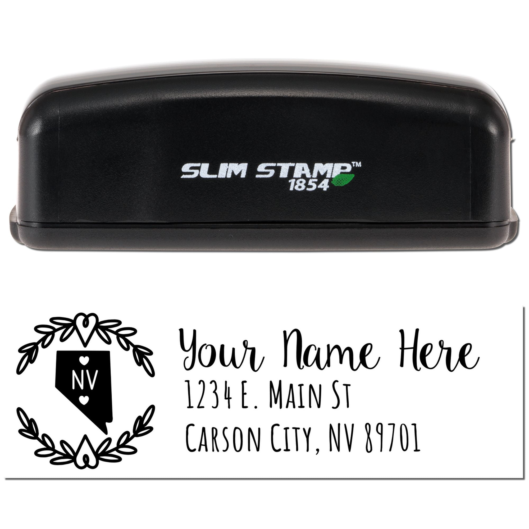 Custom Nevada address rubber stamp with name and Carson City mailing details, shown in Slim Stamp 1854 case.