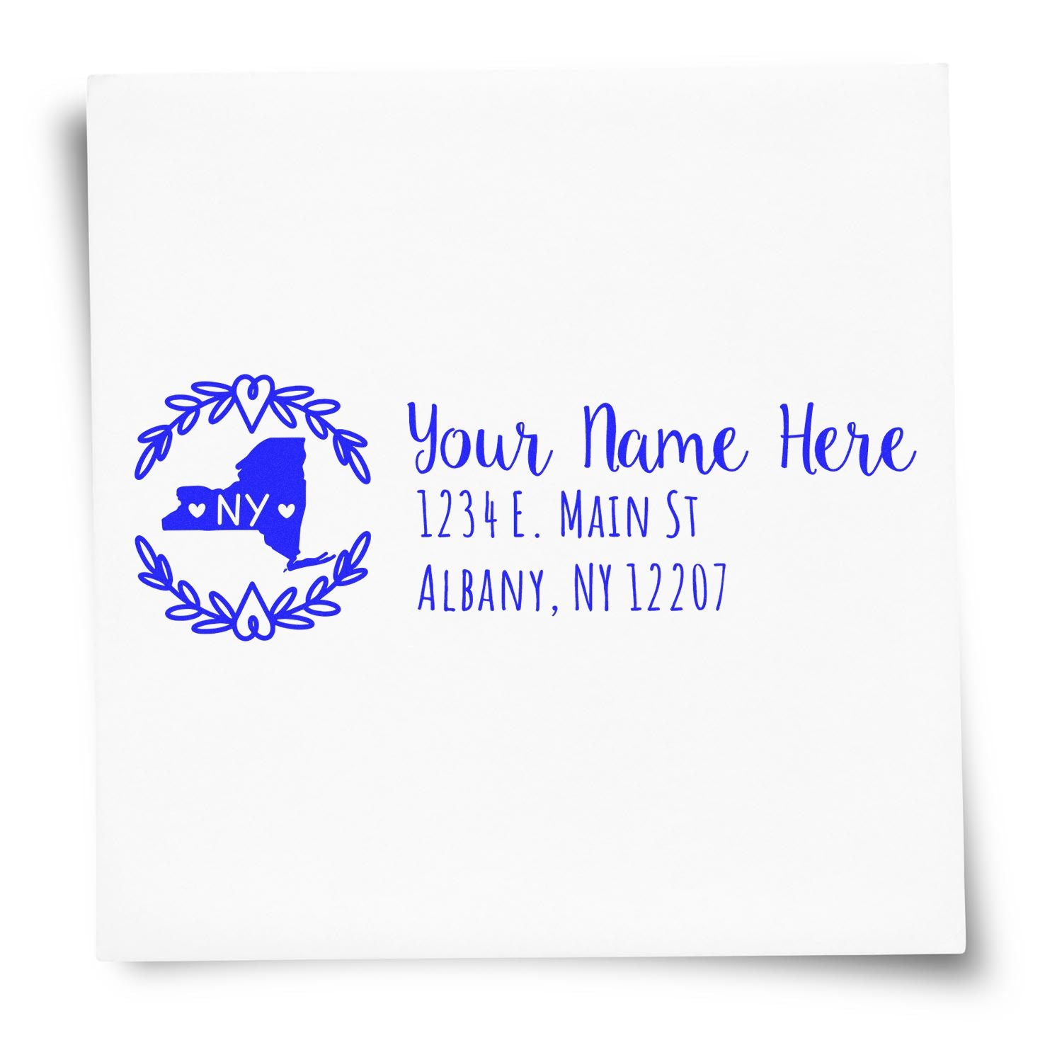 Custom New York return address rubber stamp with name, street address, and Albany, NY 12207 design for envelopes and mailings